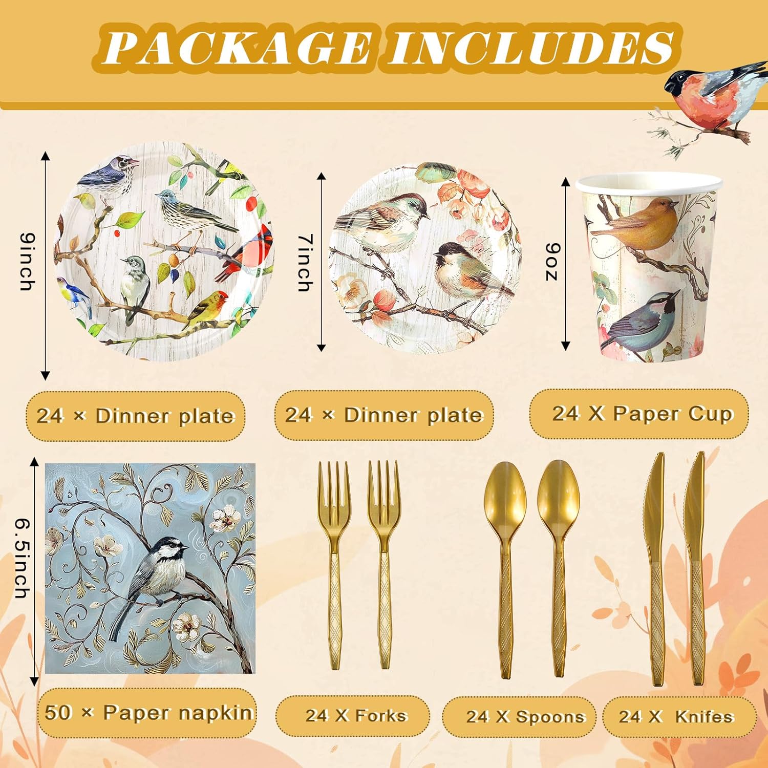 194 Pcs Fox Duck Bird Theme Birthday Party Supplies Woodland Animal Face Paper Dessert Plates Knives Forks Spoons Cups Napkins for Kids Girl Boy Baby Shower Tableware Set Serves 24 (Bird)