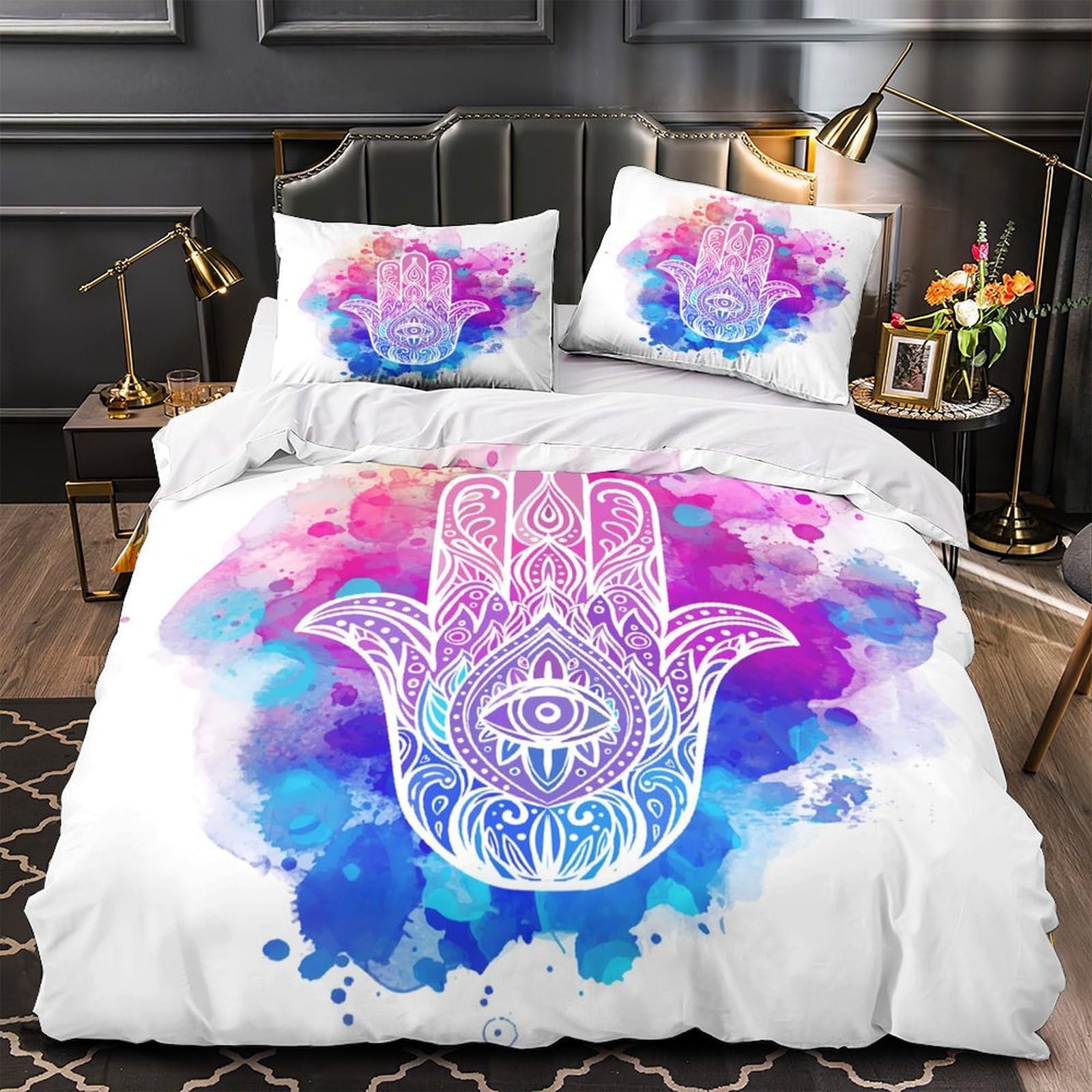 Parure de lit Hamsa ornementale créez une chambre de couple chaleureuse en microfibre douce