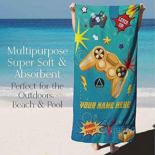 Miniatura 3 de Toalla de playa personalizada para niños y niñas con nombre personalizado de niños, tema de control de videojuegos, algodón suave y absorbente,