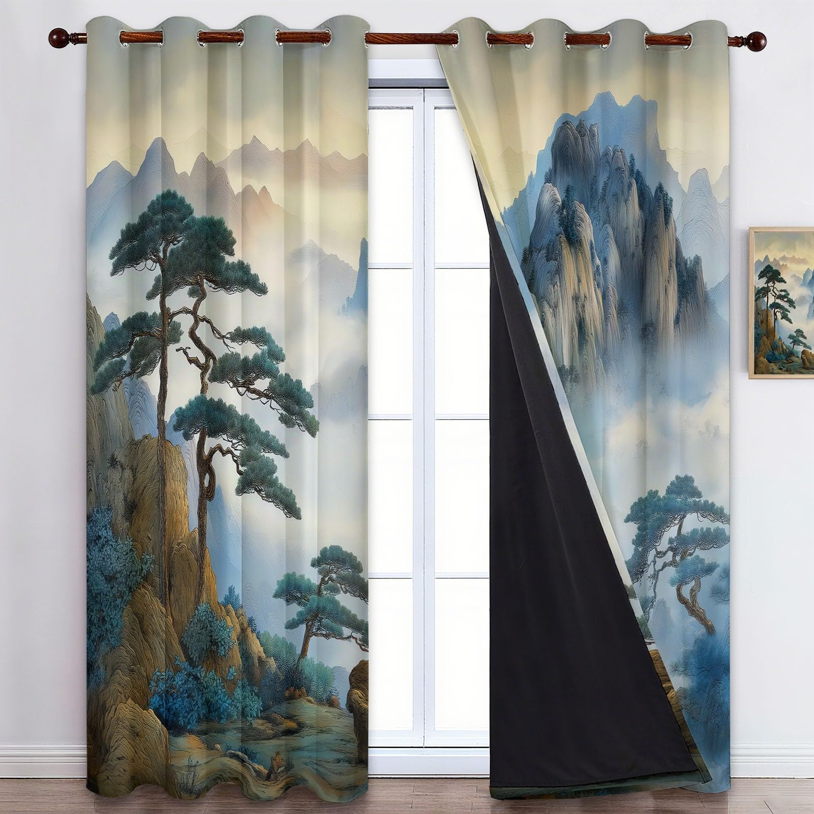 Bleu-Gris Rideaux Occultants Thermiques 280 x 260 cm Pins De Chine, Montagnes, Nuages – Rideaux Isolants Anti-Froid & Anti-Chaleur, Tissu Épais Haut de Gamme, Parfait pour Salon, Chambre ou Bureau