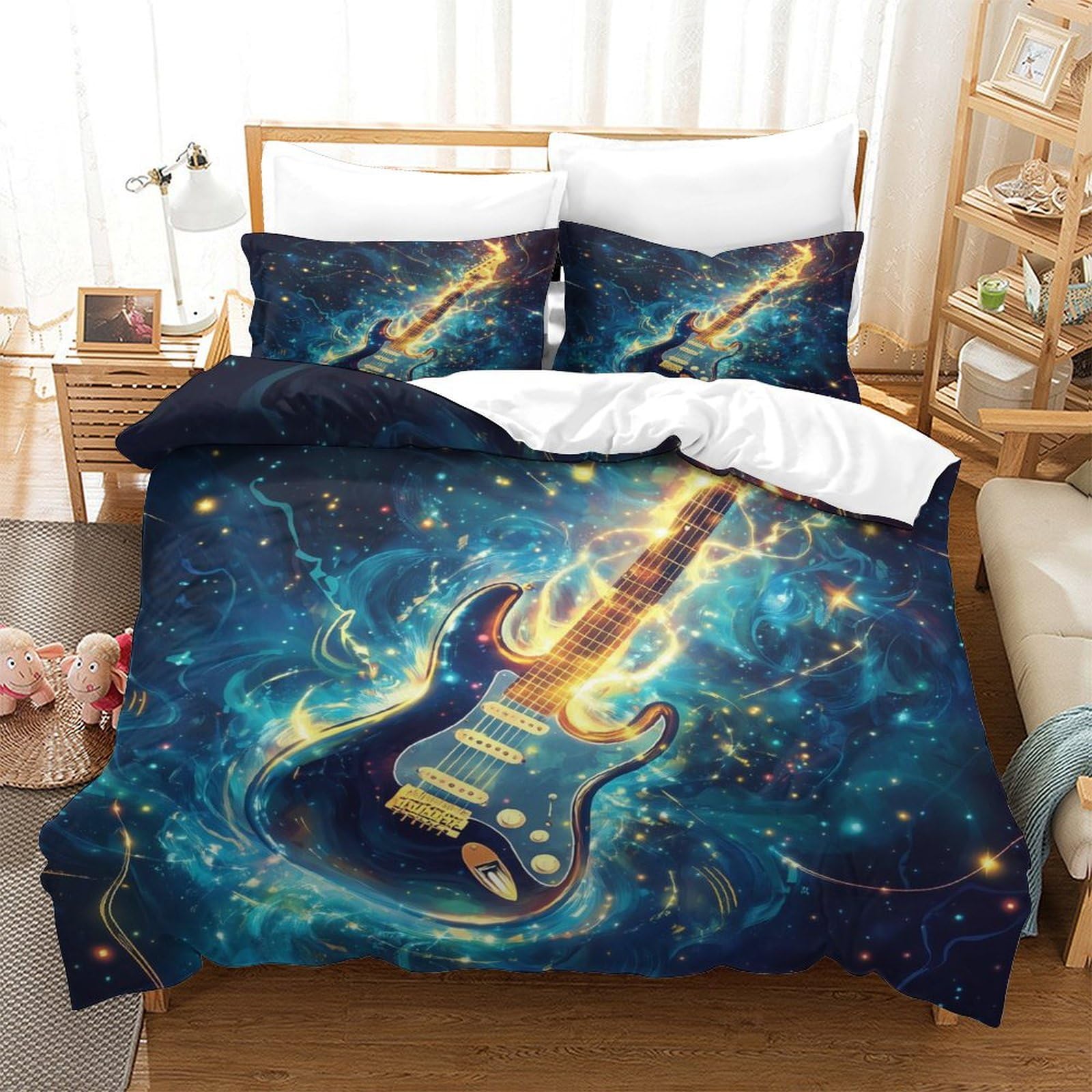 Wxlwhr Boys Guitar Duvet Cover Sets Soft Microfiber 3 Piece 3D Printed Bedding Sets Fantasy Guitar Comforter Cover With Pillowcase For Teenage Single（140X200cm）