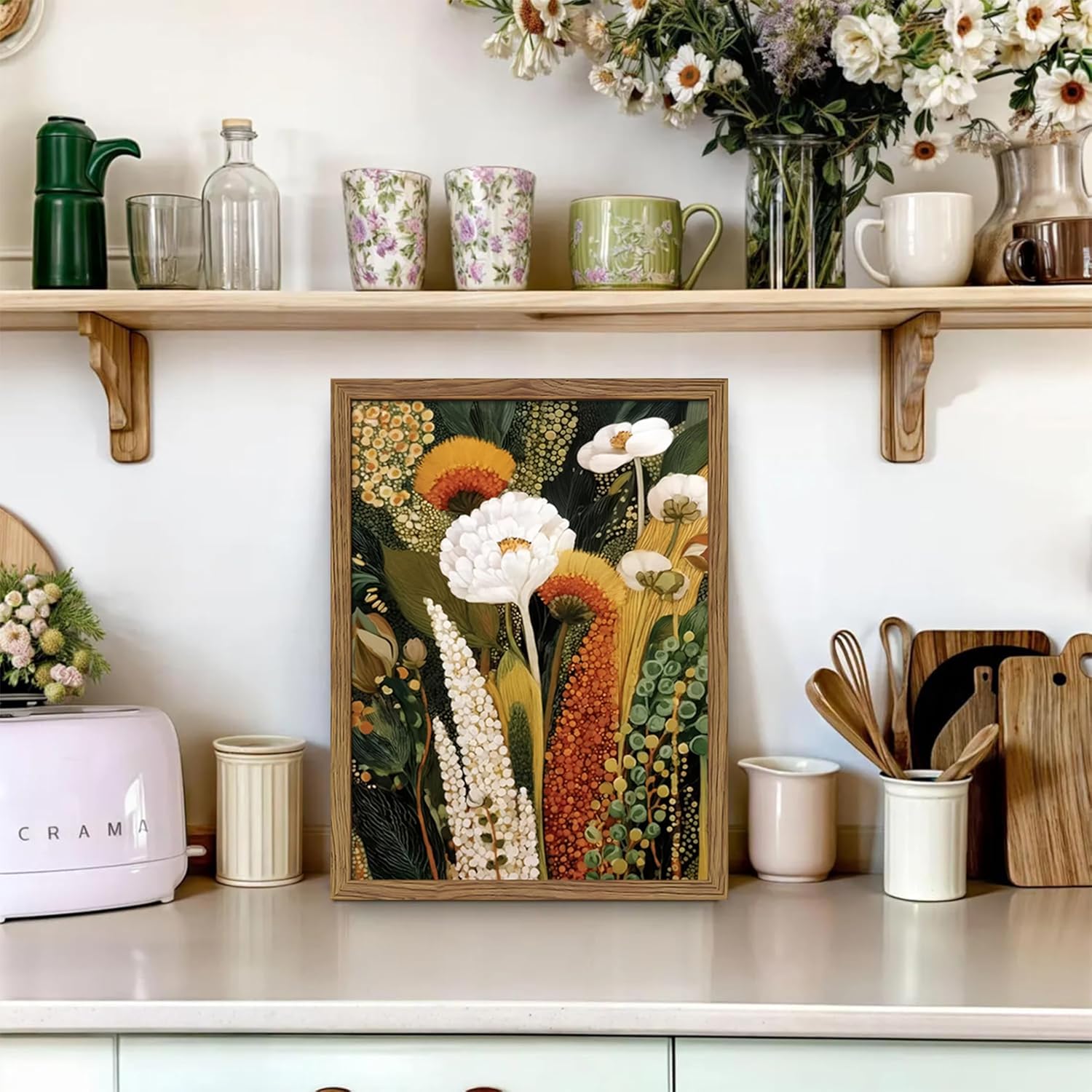 Framed Vintage Botanical Floral Wall Art, Colorful Abstract Flowers Wall Decor Painting, Retro Wildflower Artwork Poster Print Picture for Living Room Bedroom 12x16 Inch