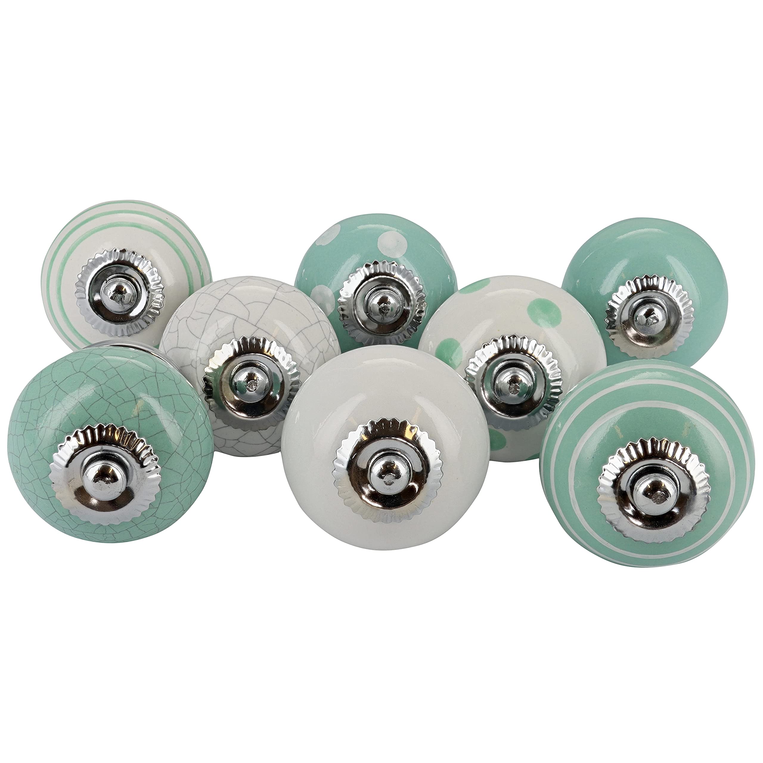 G Decor Green and White Handmade Assorted Designs Ceramic Door Knobs, Vintage, Shabby Chic, Interior Furniture, Cabinet Cupboard Drawers Pulls Handles (8-Pack)