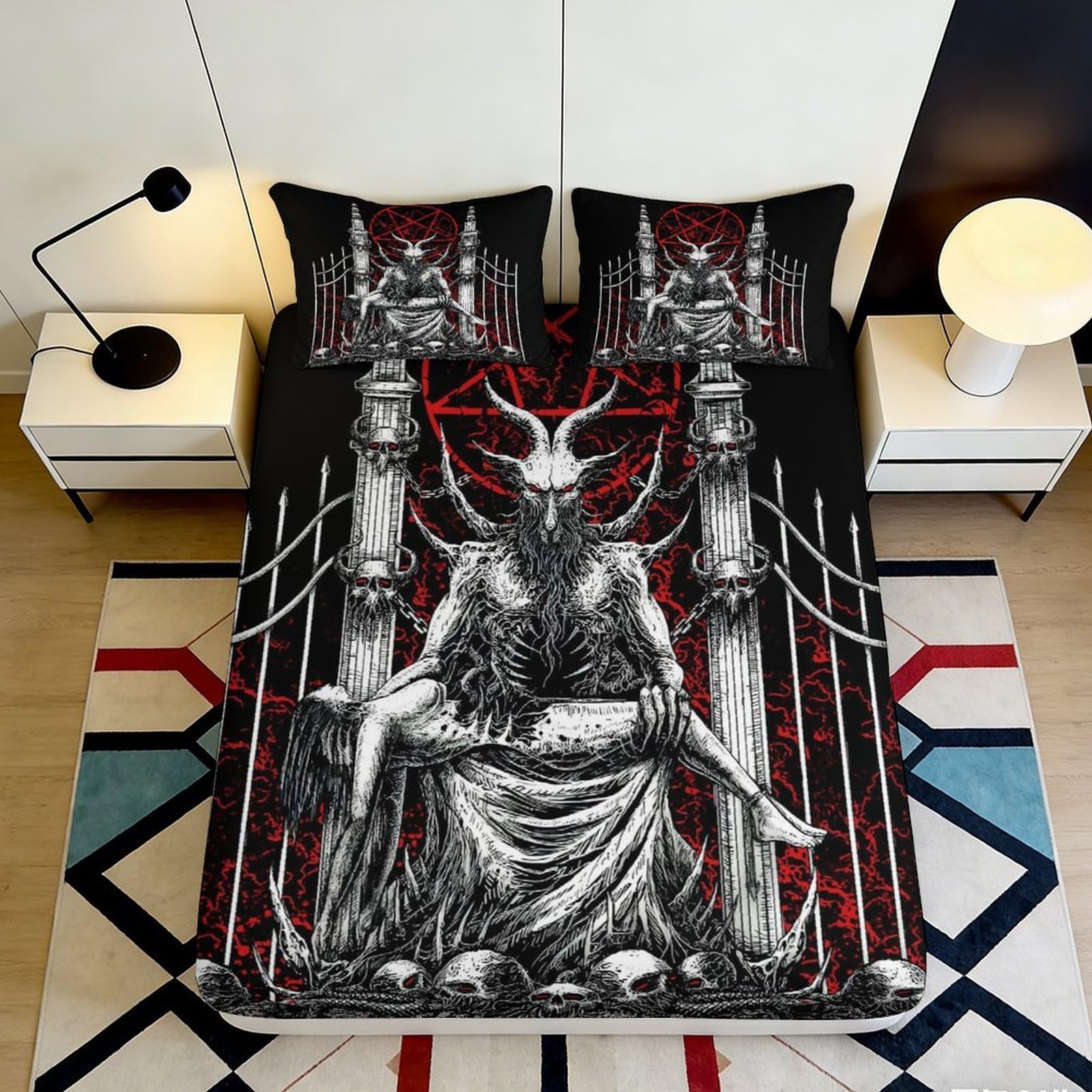 3D Printed Gothic Demon Fitted Sheet Microfiber Black Red Skull Bed Cover for Bedroom Dorm Mattress Decor 90x200x25cm