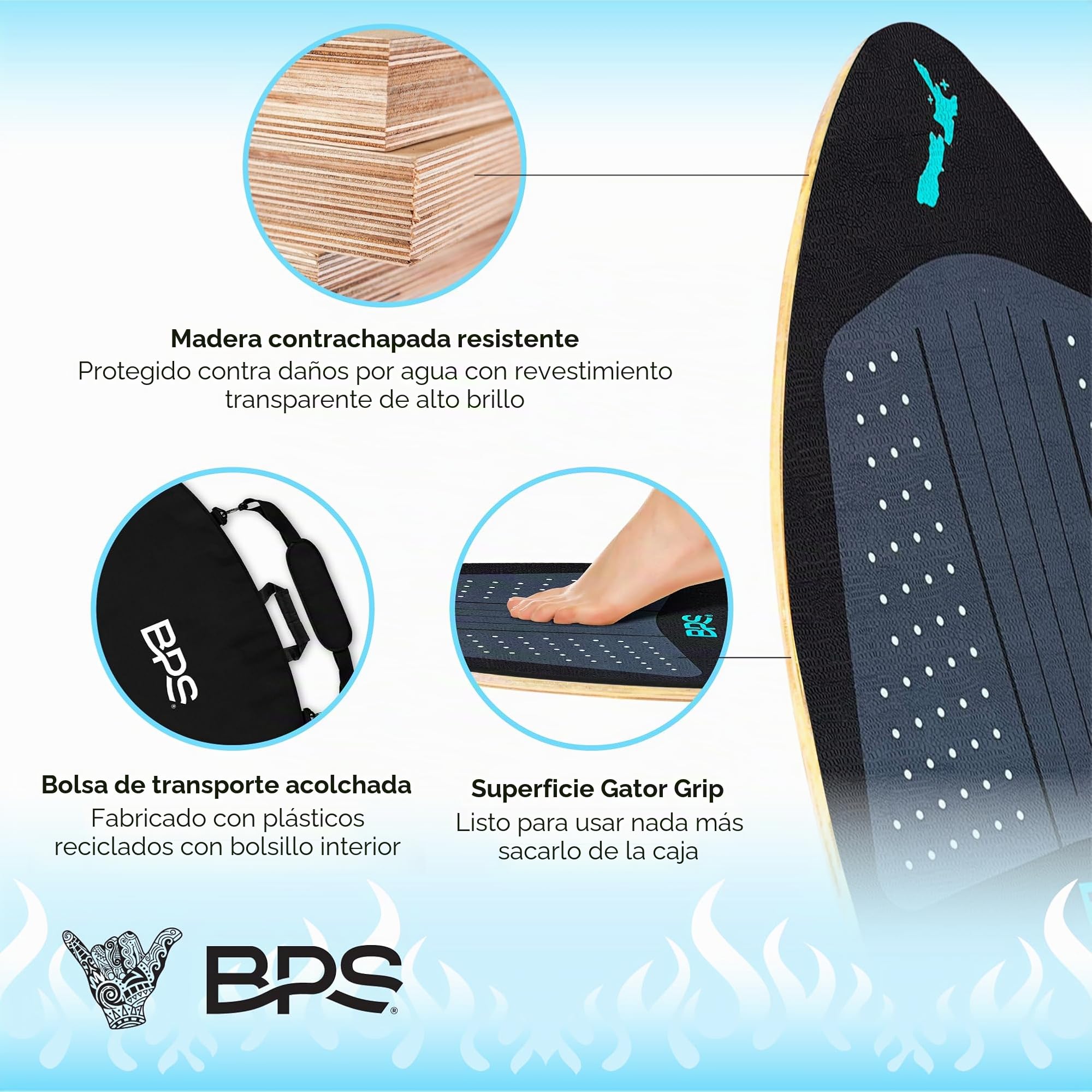 BPS New Zealand 'Flame' - Skimboard de madera de alto rendimiento con almohadillas de tracción personalizadas, con bolsa de transporte acolchada opcional hecha de plásticos reciclados, para niños o