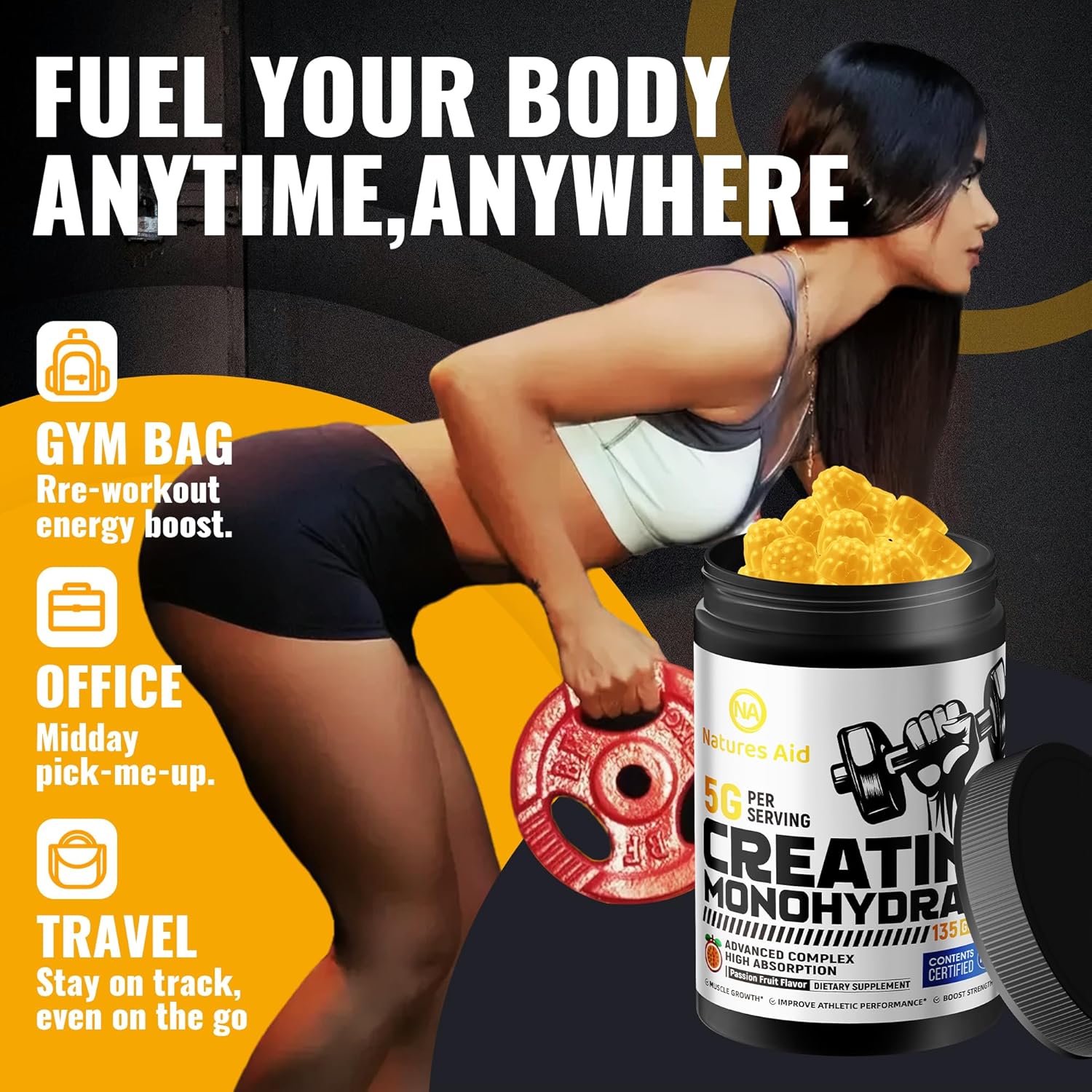 Natures Aid Creatine Monohydrate Gummies – Pre-Workout Energy & Muscle Growth Support for Men & Women | Passion Fruit Electrolyte Gummies (135 Count)