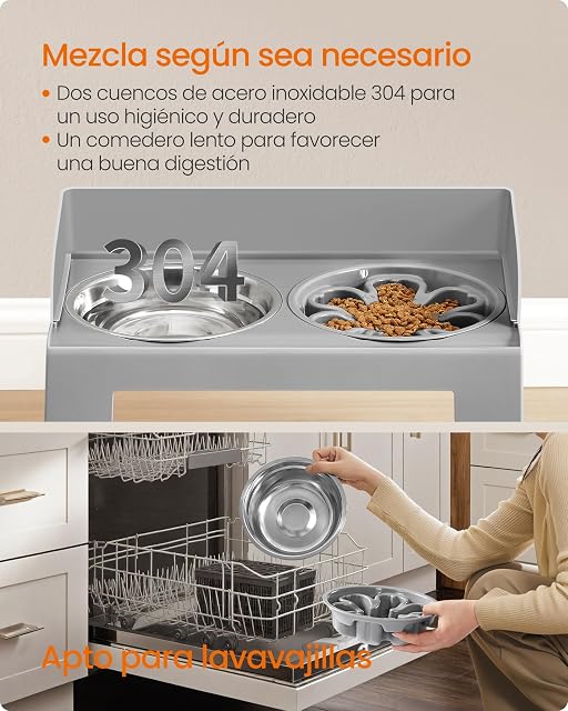 Foto 6 de 6 de Feandrea Comedero Elevado para Perros con Soporte, 1 Comedero Lento y 2 Comederos de Acero Inoxidable 304