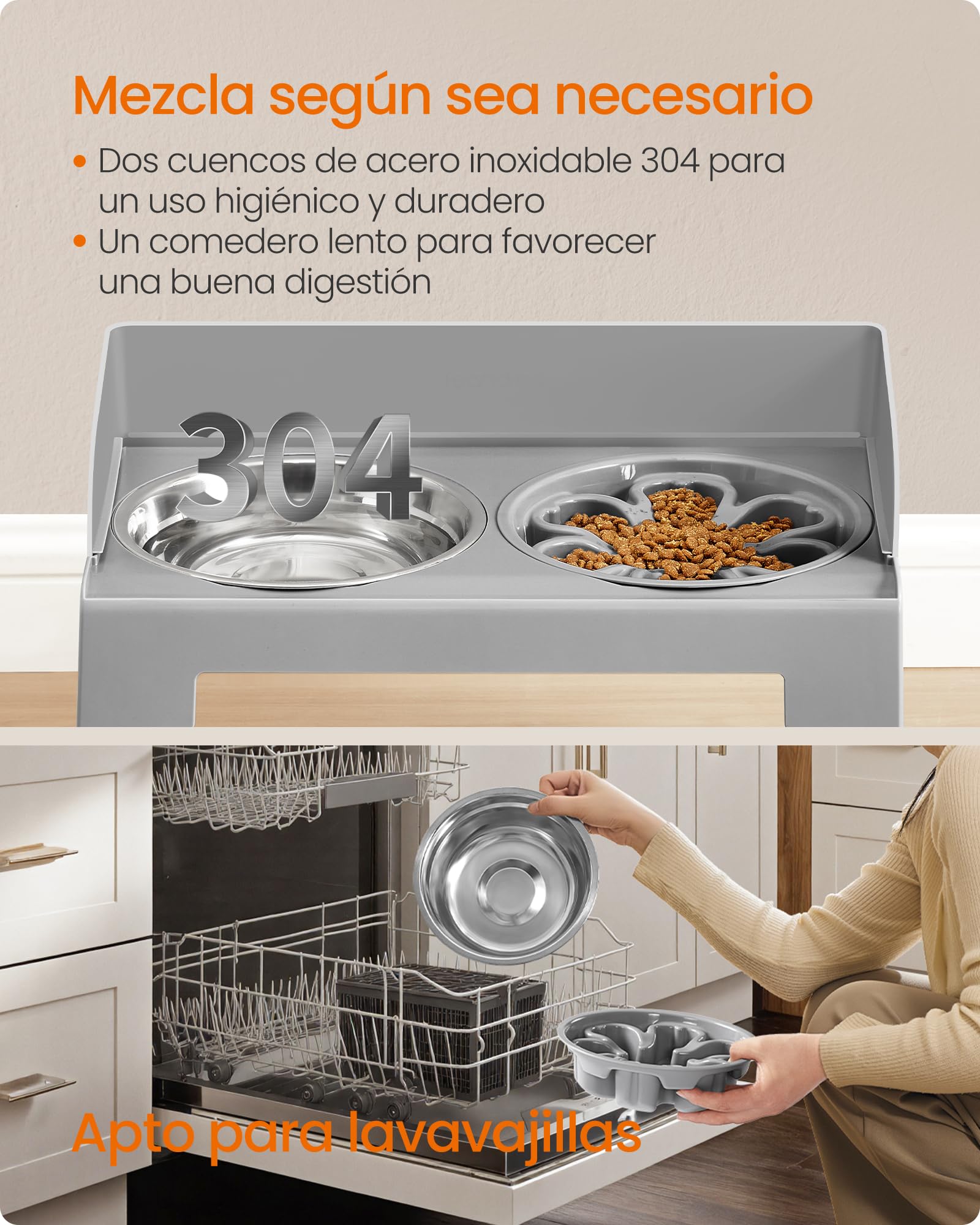 Feandrea Comedero Elevado para Perros con Soporte, 1 Comedero Lento y 2 Comederos de Acero Inoxidable 304, Altura Ajustable y Diseño Inclinado, Gris Paloma PRB103GD01