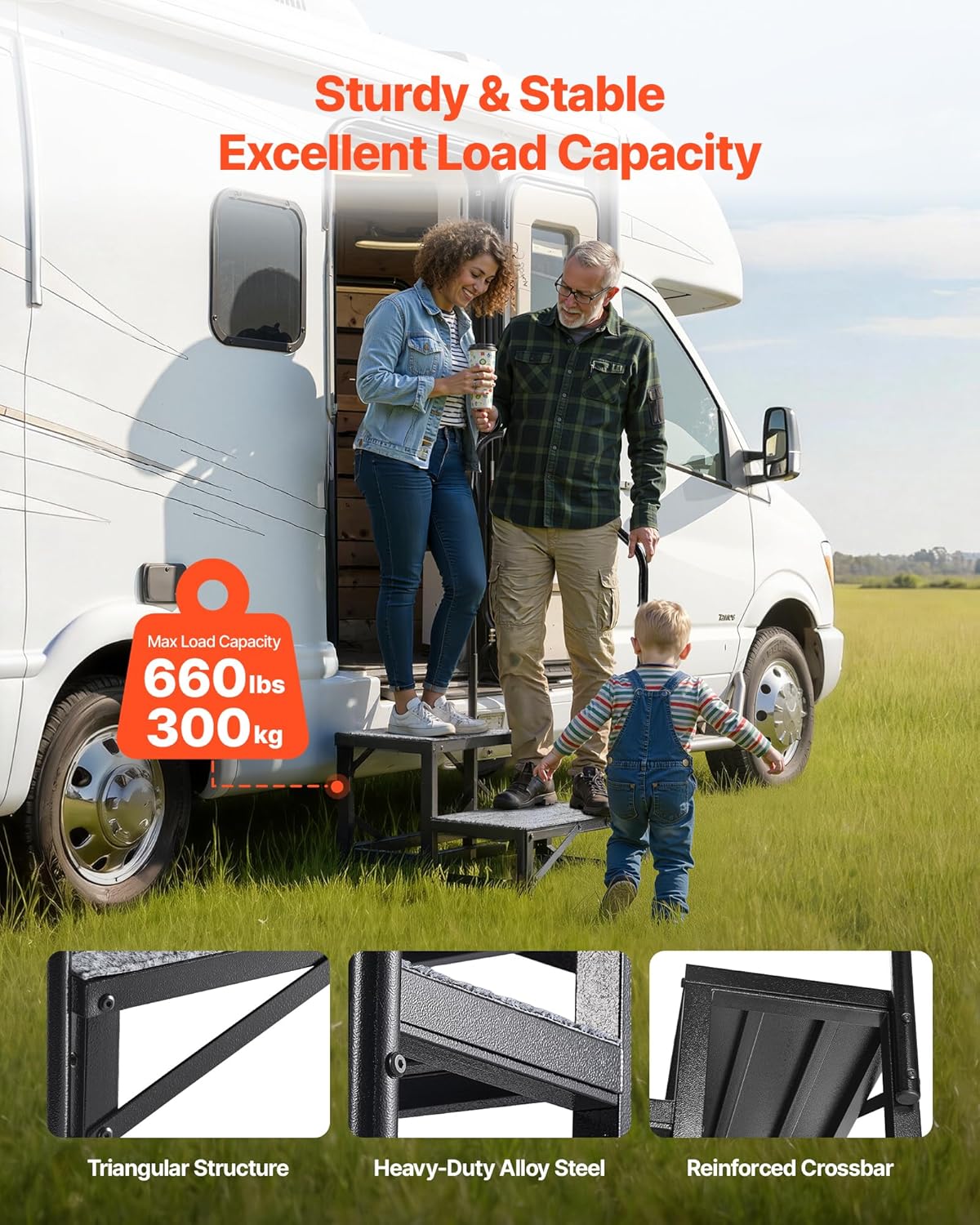 VEVOR RV Steps with Handrail, 2 Steps, 660 lbs Load Capacity, Heavy Duty Outdoor RV Stairs with Non-Slip Mat for Elderly and Pets, Portable Stairs for Hot Tub, Camper, Mobile Home, Porch, Pool, SPA