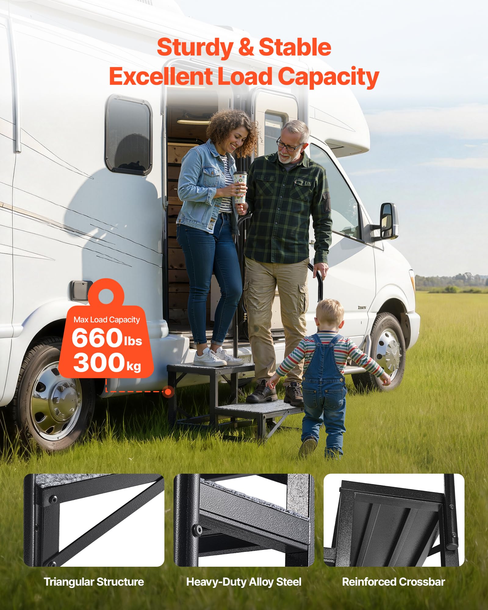VEVOR Escalier Mobile à 2 Marches, Marchepied avec Rampe pour Caravane avec Patins Antidérapants, Capacité 300 kg, pour Personnes Âgées, Animaux Domestiques, Portable pour Camping-Car, Piscine, Spa