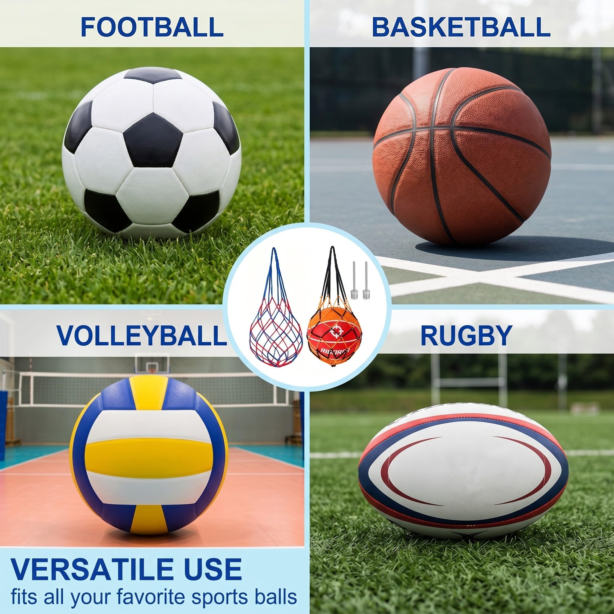 Redes para Balones + Agujas Inflables Malla de Nailon Resistente Fútbol Baloncesto Voleibol Kit Transporte