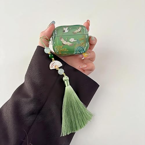 Miniatura 8 de Lucky Crane - Funda para AirPod Pro 2, funda verde de TPU suave protectora, a prueba de golpes, con llavero de borla de cuentas de abanico verde y