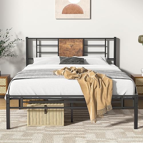 VECELO Base de cama tamaño Queen con cabecero, plataforma resistente con soporte de listones de acero, no necesita somier, fácil montaje, negro mate