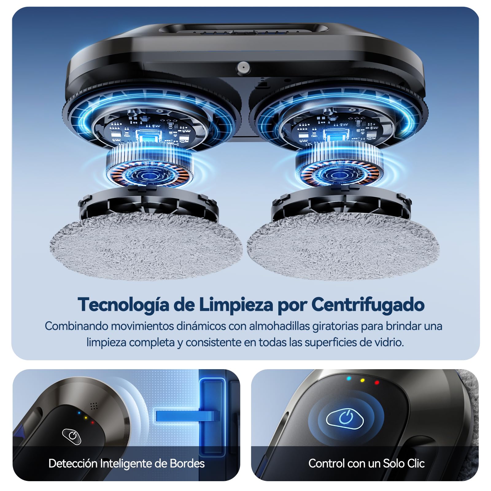Robot limpiacristales con Función de Pulverización, Succión Turbo de 6500 Pa, 3 Modos de Limpieza y navegación Inteligente para una Limpieza eficaz de Ventanas, Modelo: W23D