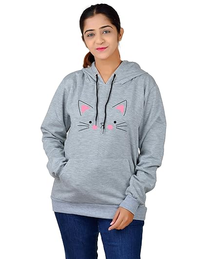 HOODMASTAR Hood Mastar Unisex-Adult Cotton Hooded Neck Cat Printed Hoodie (Cat Hoodie Milange Grey HM-L_Milange Grey_L)