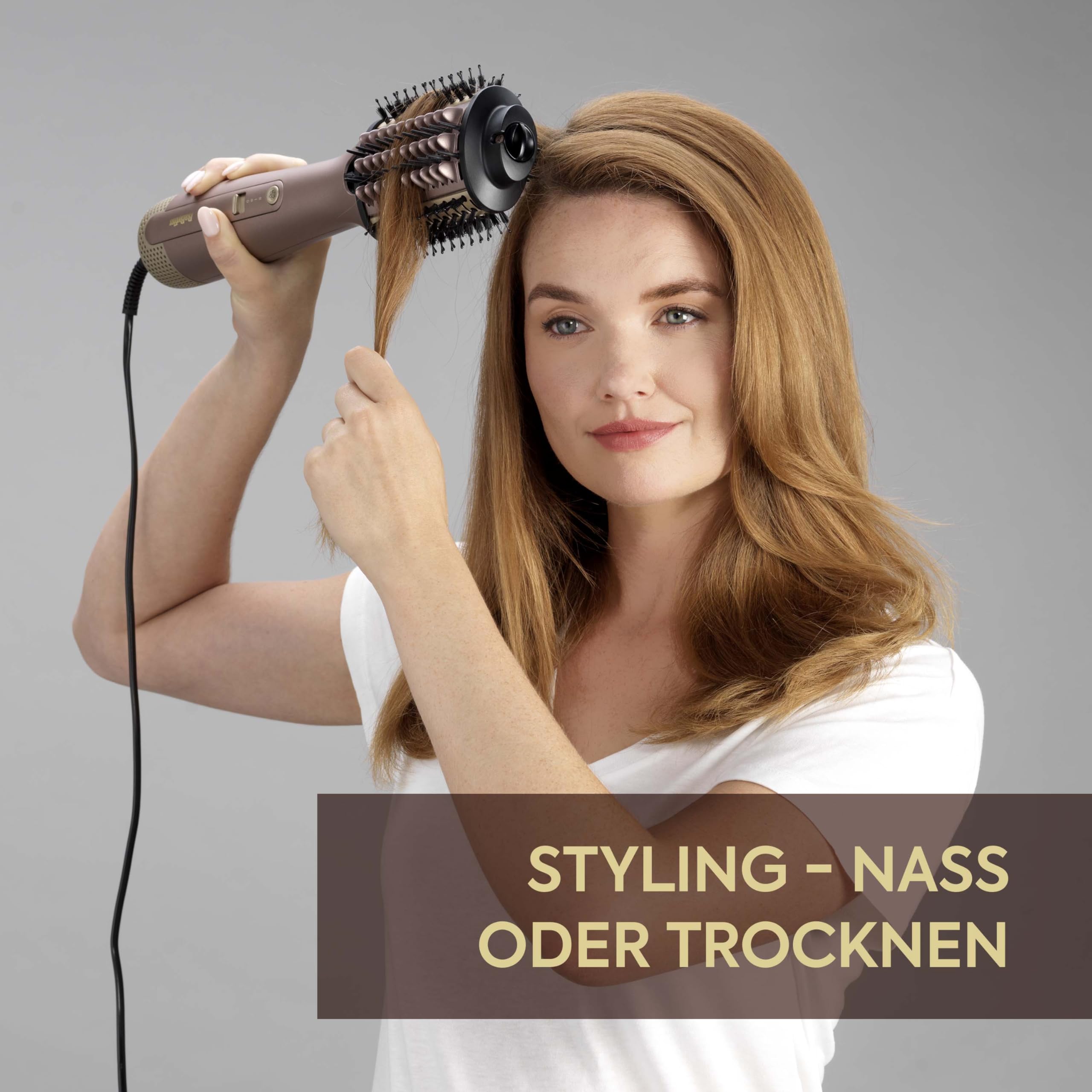 BaByliss Air Power Volume - 2-in-1 Warmluftbürste und Heizbürste, NASS- und TROCKEN-Modus, Glättende Warmluftbürste mit 3 Temperatureinstellungen, Ionen-Technologie, Keramikbeschichtung, Gold, AS95E