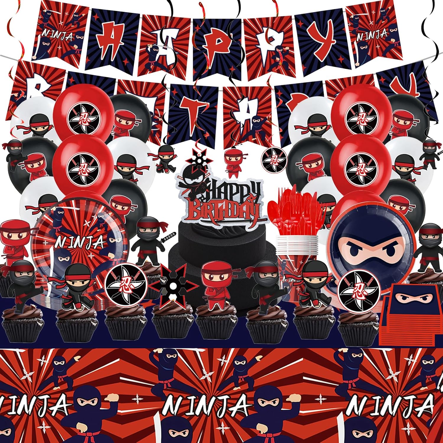 Ninja Birthday Party Decoration Set Ninja Warrior Party Supplies Kit Ninja Master Tableware Includes Plates Napkins Cups, Banner Balloons Cake Tops Tablecloth