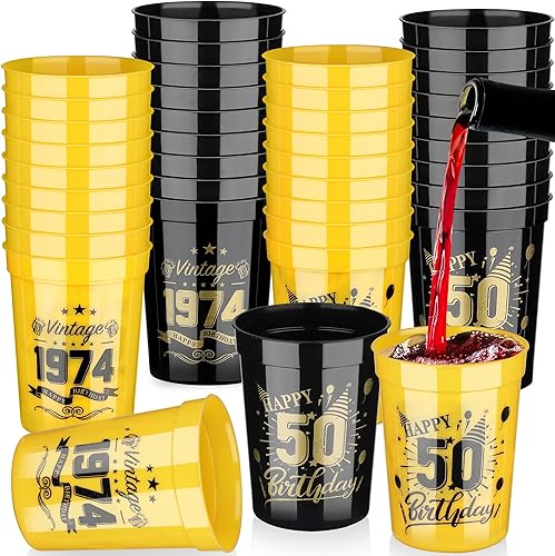 Paquete de 40 vasos de plástico reutilizables de 8 onzas para fiesta de cumpleaños, color negro y dorado, 8 onzas, para cumpleaños, aniversario,