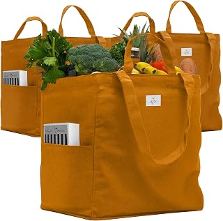 Nook Theory 3 Pcs Reusable Grocery Bags - Heavy Duty Canvas Bags, Large Reusable Shopping Bag, Picnic, 100% Cotton (Caramel)