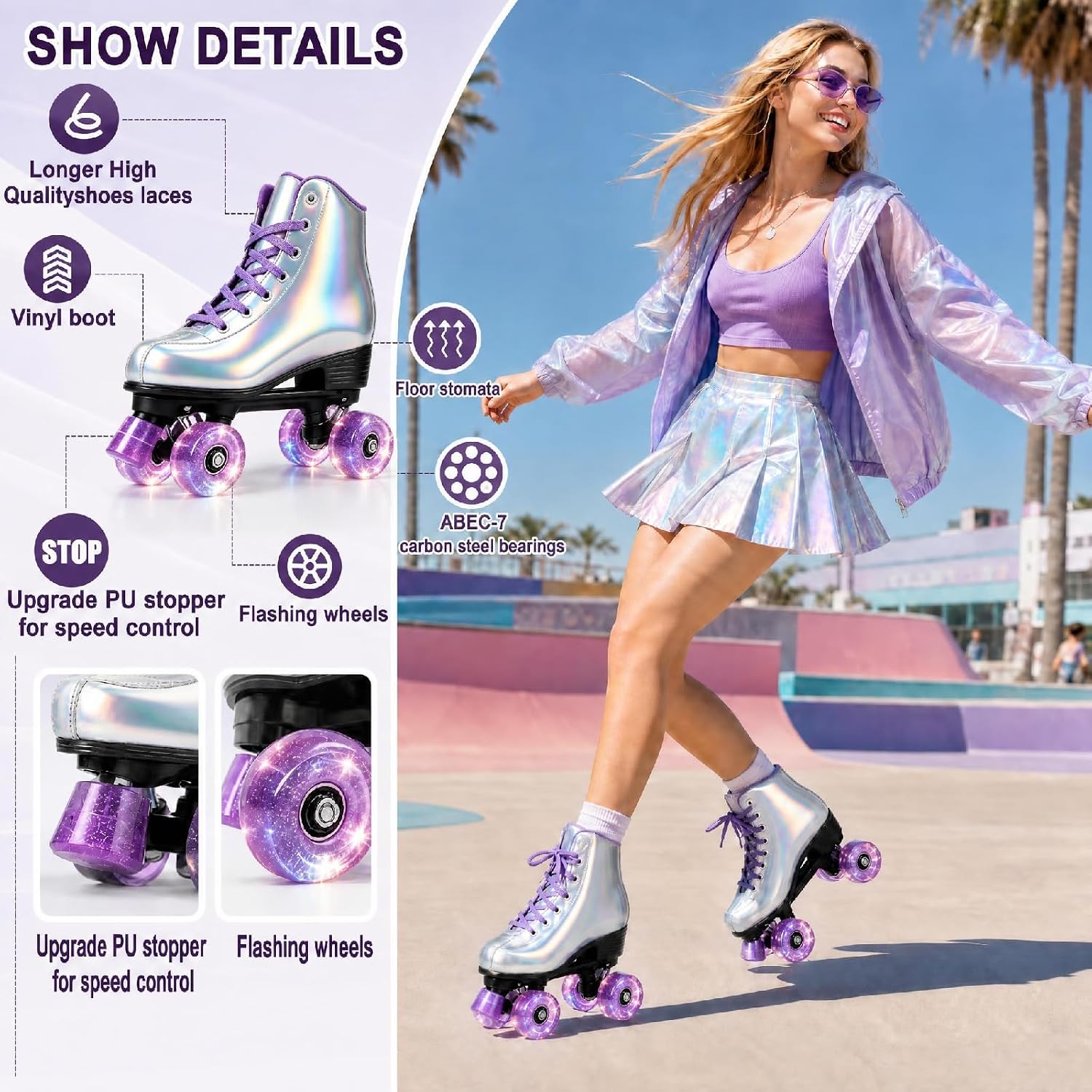 XUDREZ Roller Skates for Women, Holographic High Top PU Leather Rollerskates, Shiny Double-Row Four Wheels Skates Patines for Women Men Boys and Girls and Age 8-50 Indoor Outdoor