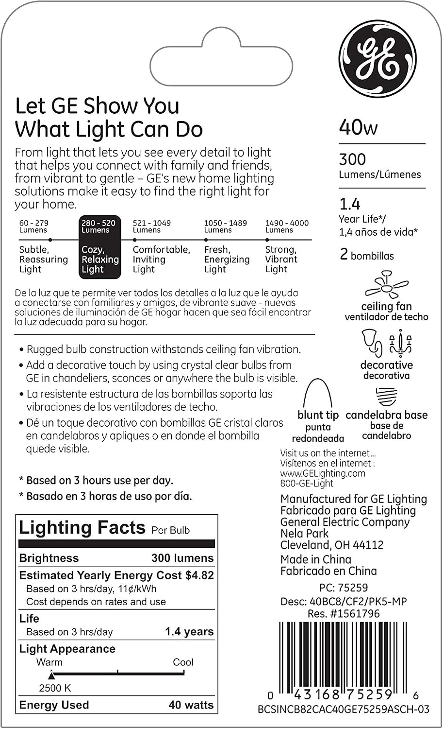 GE Lighting Crystal Clear Blunt Tip Decorative Light Bulbs (40 Watt), 300 Lumen, Candelabra Light Bulb Base, 10-Pack Chandelier Light Bulbs