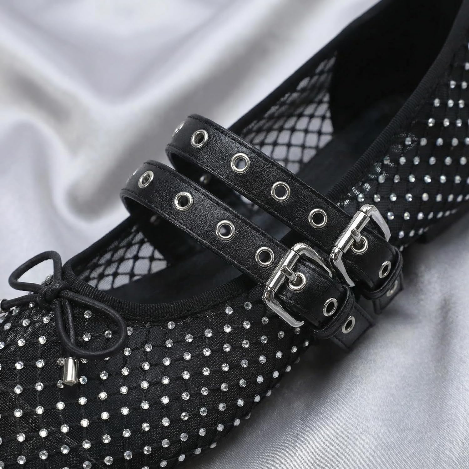 Mesh Rhinestone Mary Jane Flats for Women - Sparkly Studded Double Strap Ballet Shoes, Breathable Bow for Party & Work