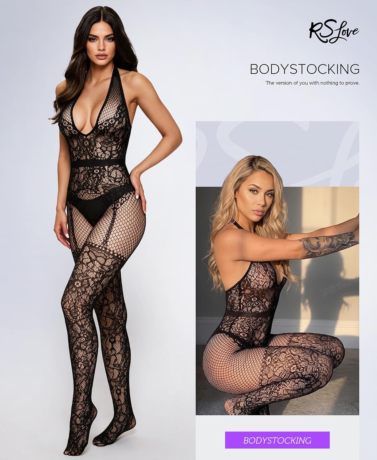 RSLOVE Women Fishnet Bodystocking - Lace Mesh One Piece Bodysuit