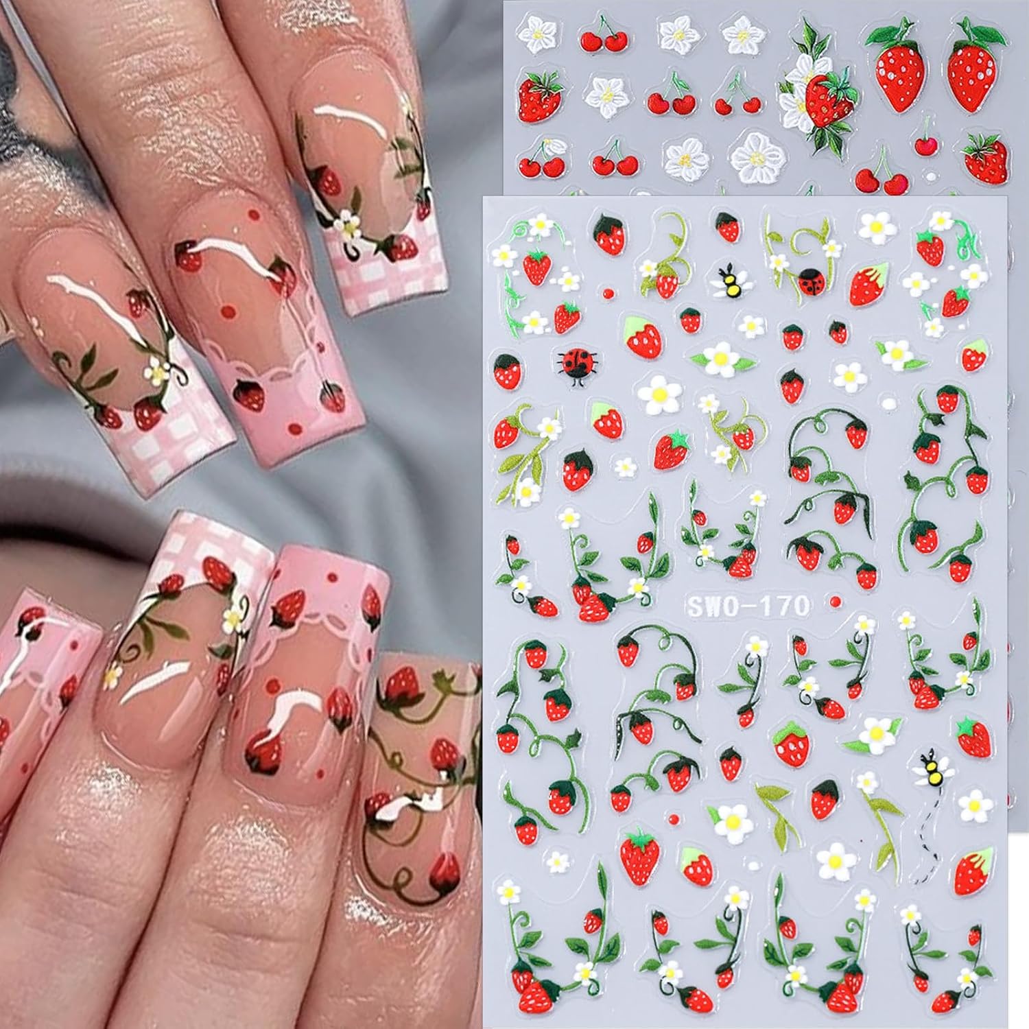 Strawberry Nail Stickers Fruit Nail Decals 3D Self-Adhesive Strawberry Cherry Bow Flower Ladybug Nail Design Stickers Summer Nail Art Supplies for Women DIY Nail Manicure Accessories Decorations 3PCS image 3