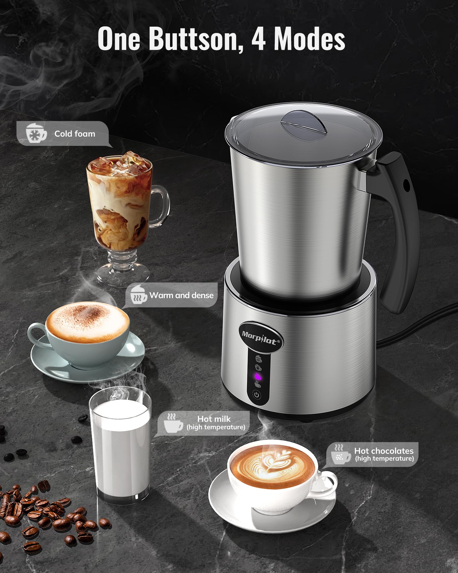 Morpilot Montalatte Elettrico Milk Frother in Acciaio Inossidabile 4 in 1 Funzione Capacità Massima 230ml Cappuccino o 500 ml Latte Caldo