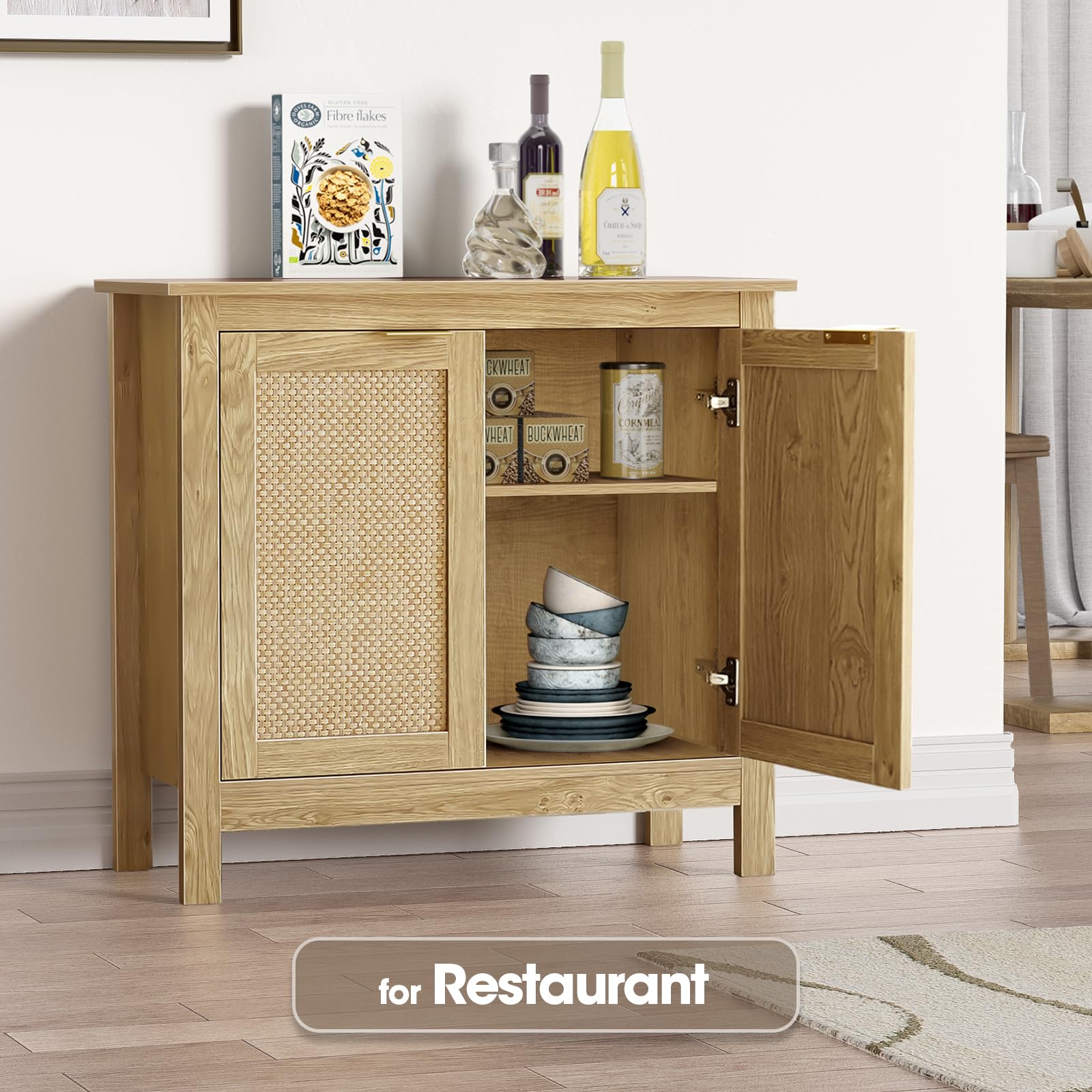 Aparador de Ratán, Armario de Cocina, Armario de Almacenamiento con Estante Ajustable, Rústico, Antivuelco, Mueble Auxiliar de Cocina para Comedor, Pasillo