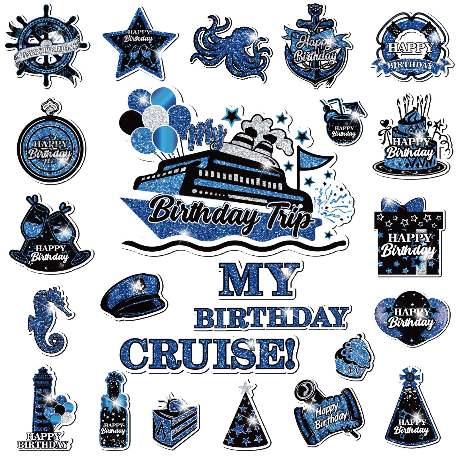 My Birthday Cruise Door Magnets Decorations, Blue Black Silver Happy Birthday Cruise Ship Door Decor Magnetic for Women Men Girls Boys Anniversary Party Supplies Door Refrigerator Fridge Car Kitchen