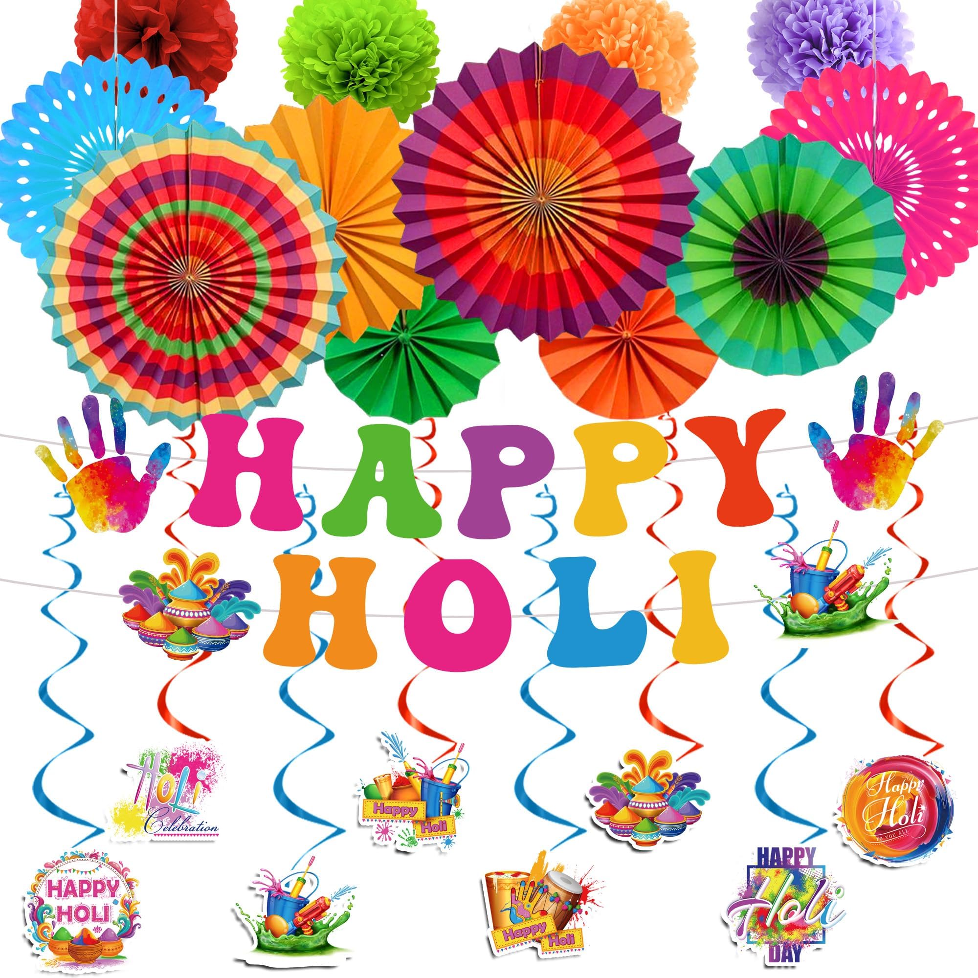 Holi Decorations Include Happy Holi Banners Hanging Swirls Paper Fans Honeycomb Flower Balls Holi Festival Theme Party Supplies for Home