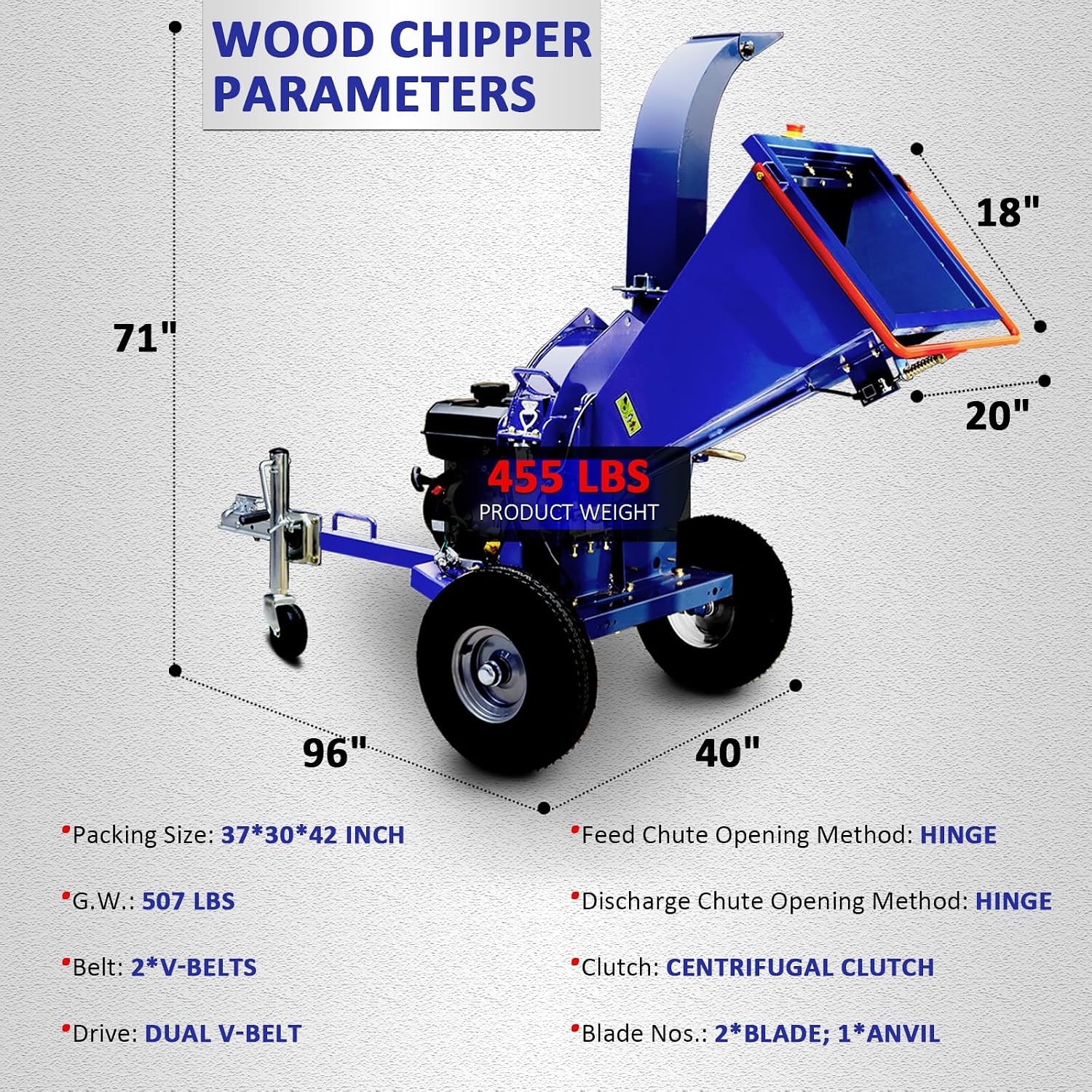 5-Inch Disc Wood Chipper, Recoil Start, Leaf Branch Shredder Mulcher with 2'' Coupler Tow Hitch, Jockey Wheel, Emergency Stop Bar, Towable Wood Chipper Shredder