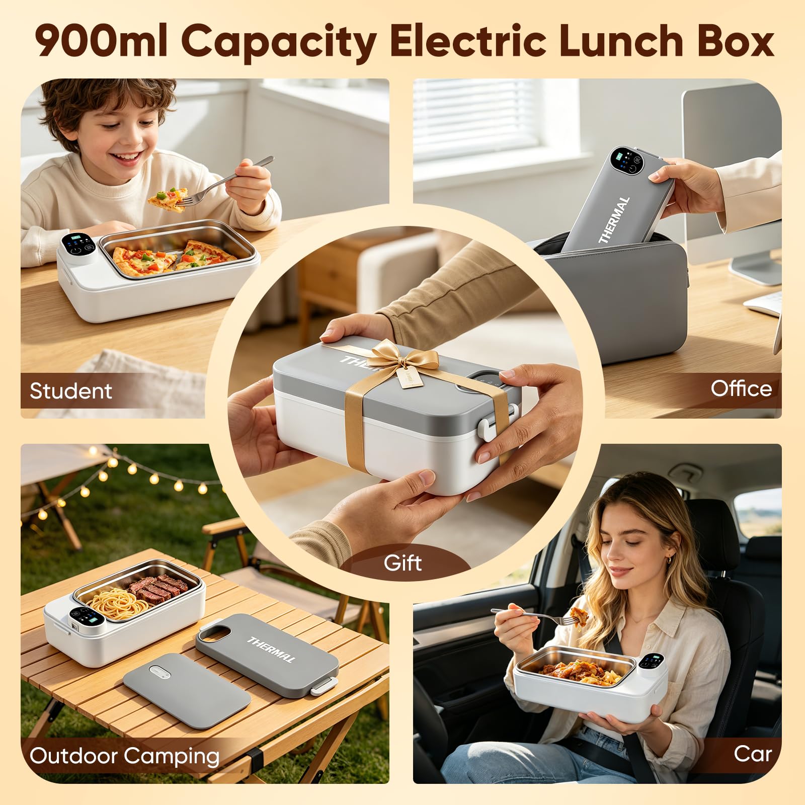 Fiambrera eléctrica con batería de 7200 mAh, fiambrera térmica de 900 ml para comida caliente, USB-C Heatbox acero inoxidable, sin BPA y antiadherente, caja bento reutilizable para trabajo