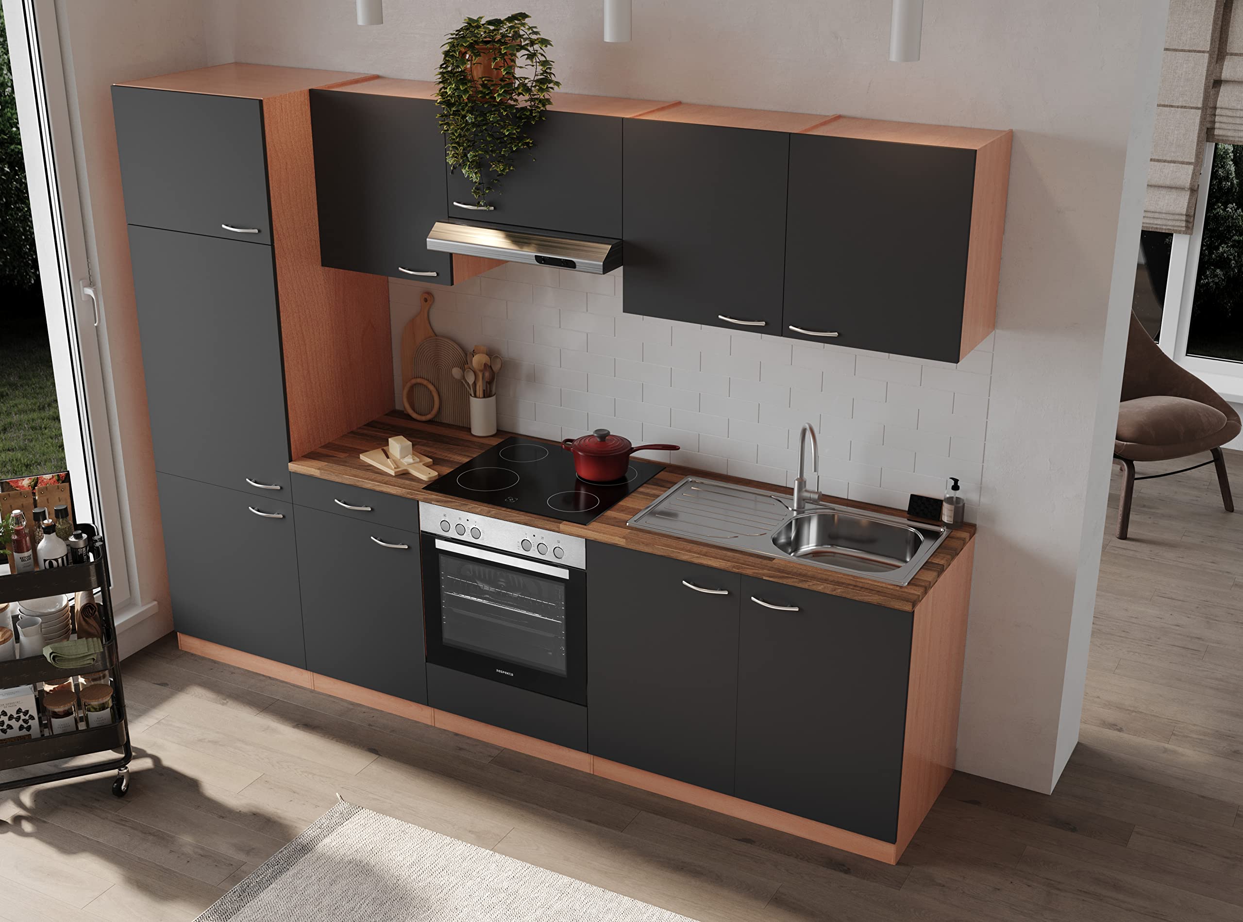 respekta Küchenzeile Gerda KB270BGEC Grau 270 cm Breite mit Elektrogeräten