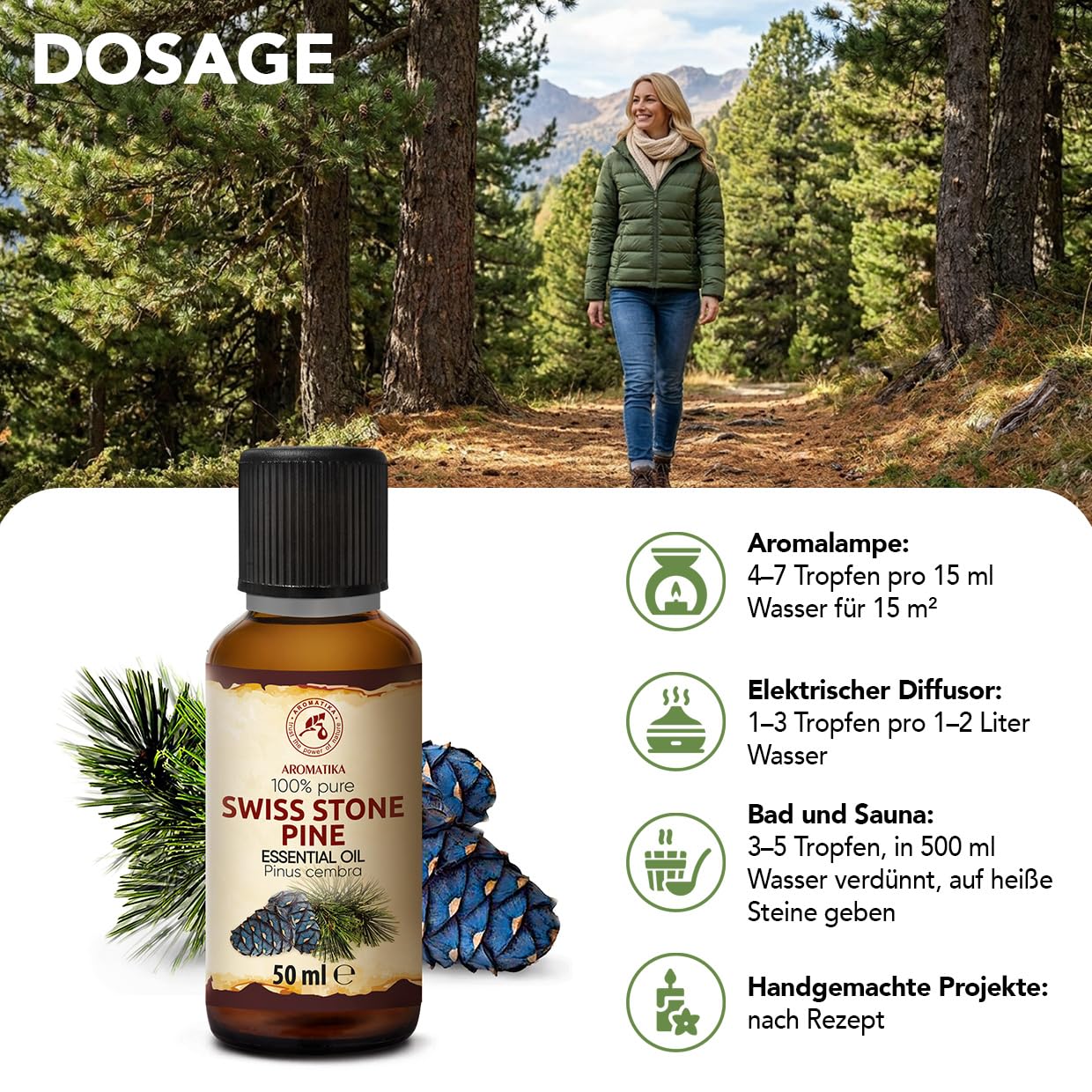 Zirbelkiefer Ätherisches Öl 50 ml - Pinus Cembra - Reines ätherisches Zirbenöl - für Diffusers und Duftlampen - Frisches Aroma - Aromakerze - Seife - Zirbenduft - Lufterfrischer