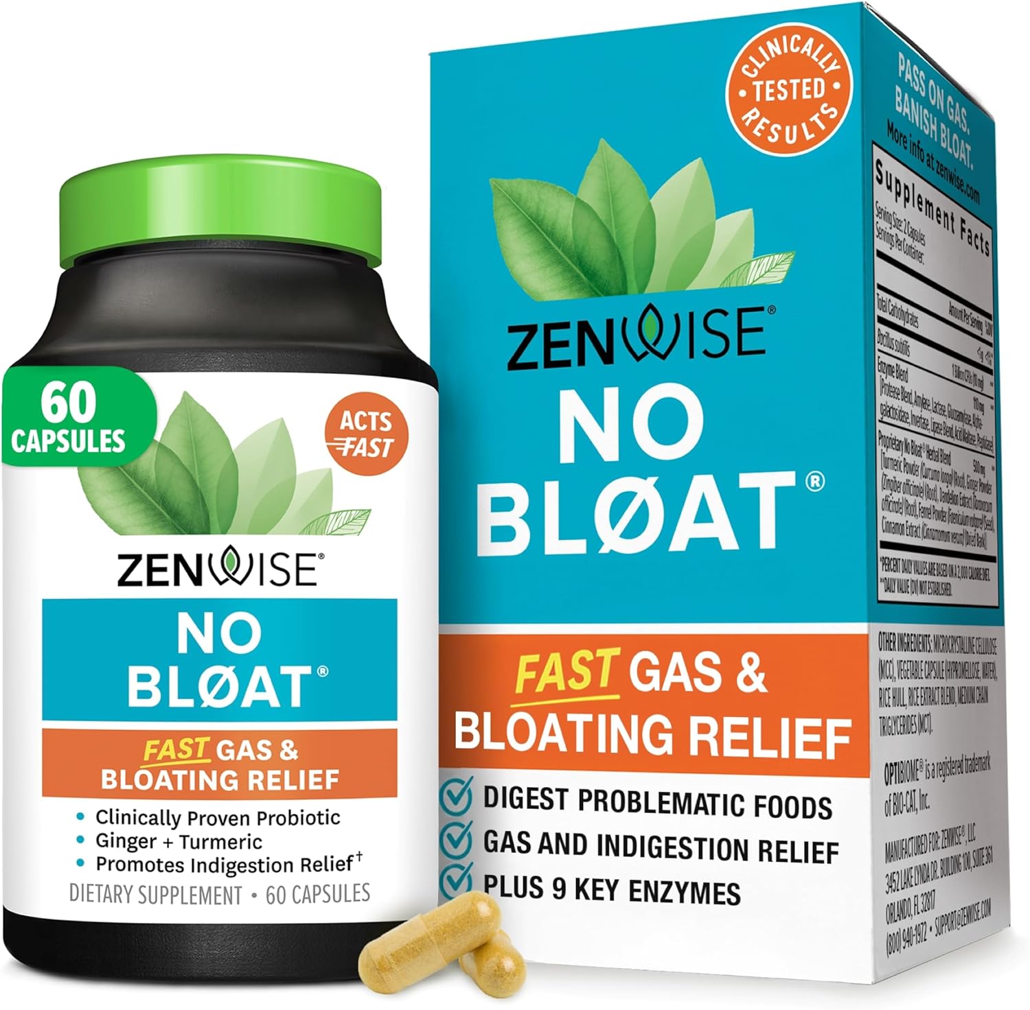 Zenwise Health No Bloat Digestive Enzymes for Gut Health, Gas & Bloating Relief – Multi Enzymes Digestion Supplement with Probiotics, Ginger, Turmeric Dandelion & Lactase – Men & Women – 60 Count