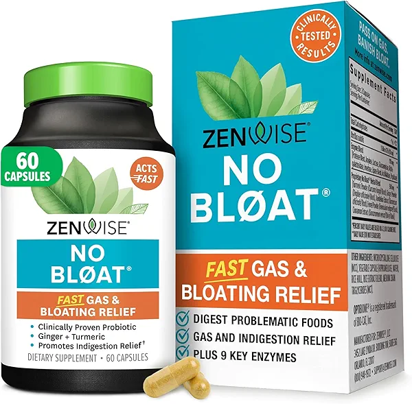 Zenwise Health No Bloat Digestive Enzymes for Gut Health, Gas & Bloating Relief - Multi Enzymes Digestion Supplement with Probiotics, Ginger, Turmeric Dandelion & Lactase - Men & Women - 60 Count