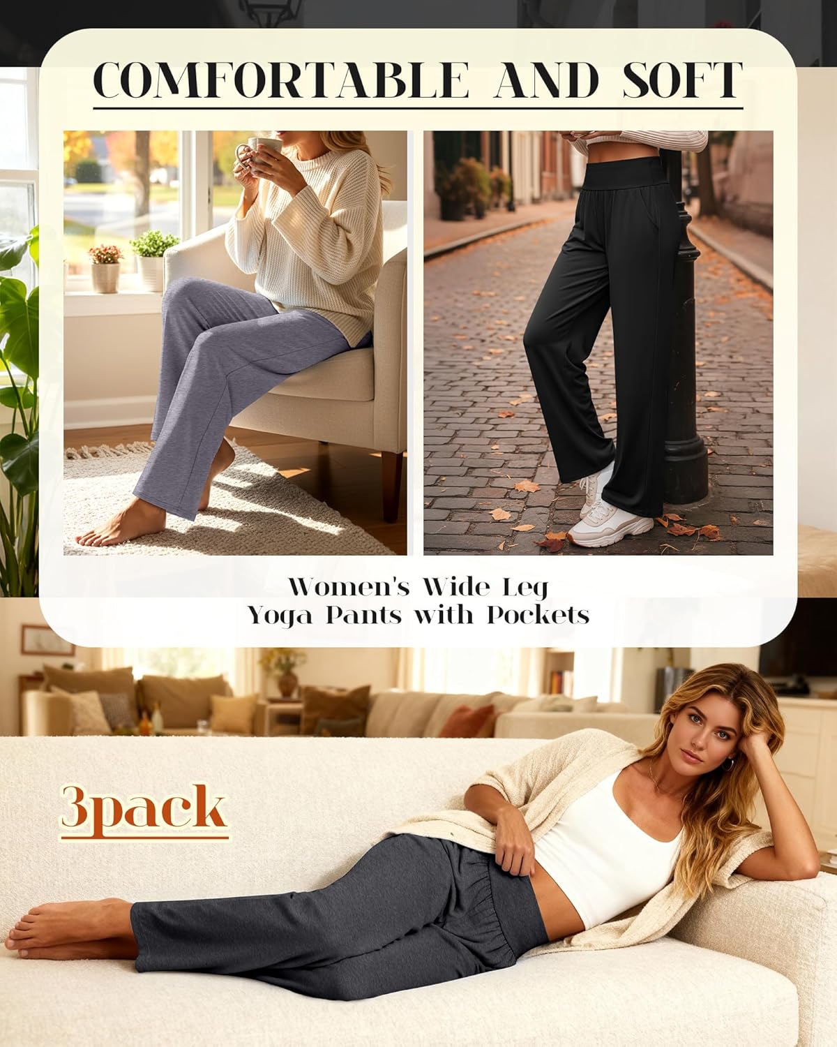 Neer 3 Pack Women's Wide Leg Yoga Pants, Comfy Lounge Pants with Pockets Ladies' Stretch Sweatpants Elastic Waist Joggers - Image 2