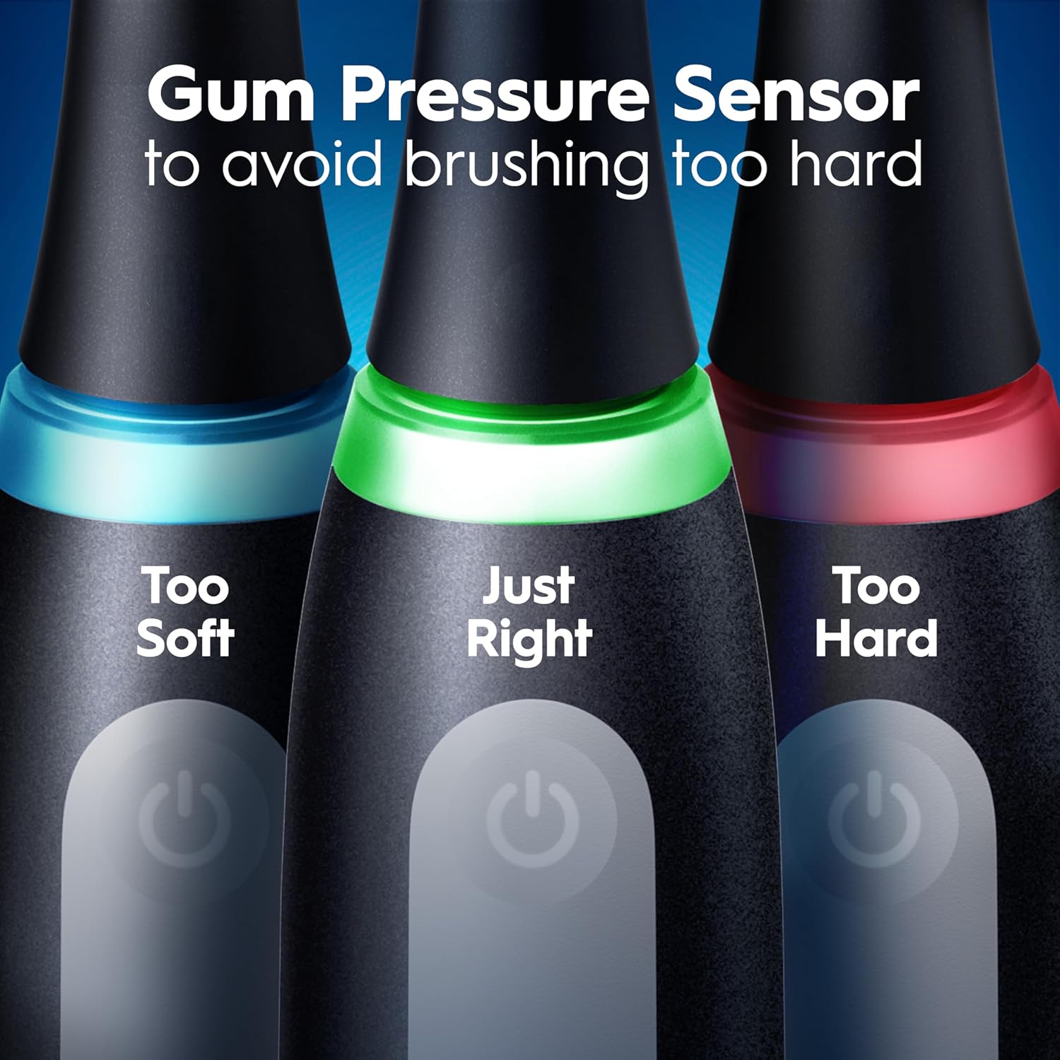 Close-up of Oral-B iO Series 3 toothbrush handle showing pressure sensor light in blue (too soft), green (just right), and red (too hard).