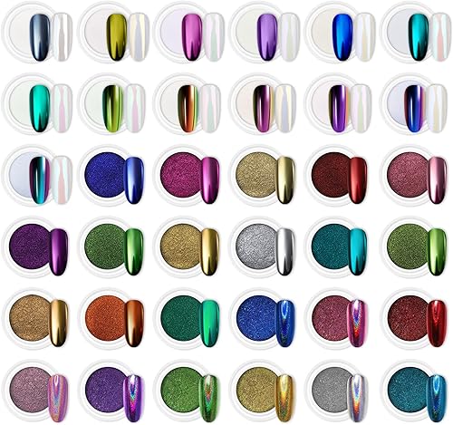 Miniatura 14 de Artdone Juego de 20 frascos de polvo de uñas cromado, efecto espejo metálico, pigmento holográfico Aurora camaleón, 0.04 oz/tarro para arte de uñas