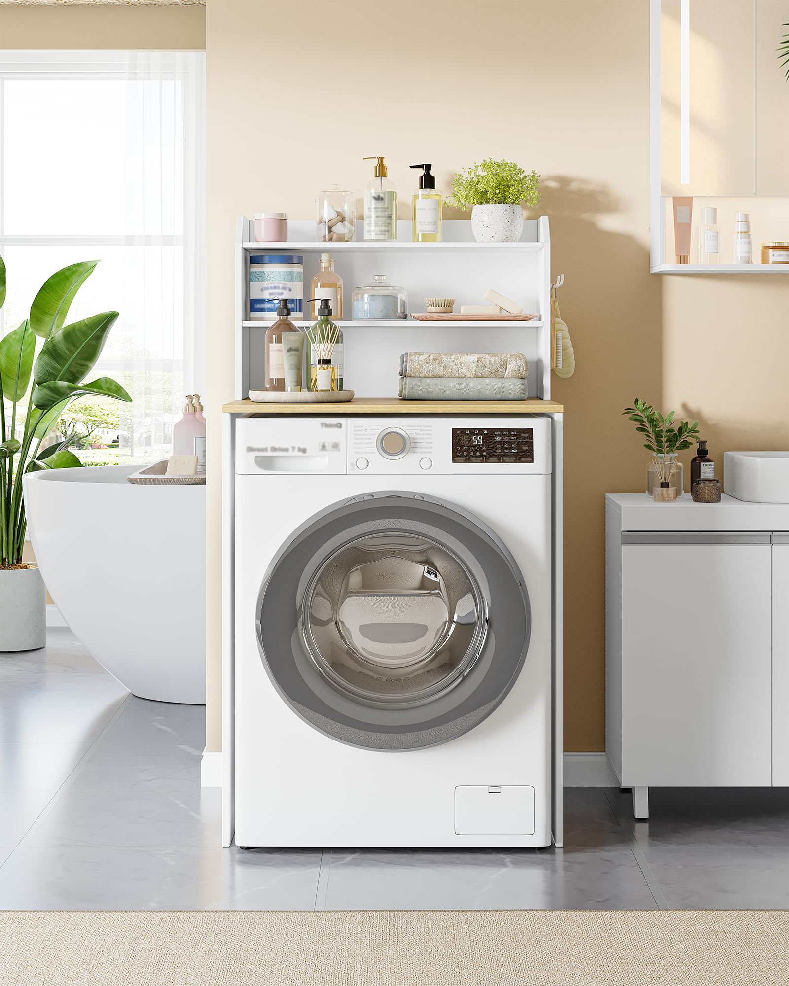 Hzuaneri Mobile Lavatrice, 50 x 68 x 128 cm, Bianco-Rovere | Mobile Sopra Lavatrice, Scomparti Aperti, Scaffale da Bagno, Adatto per lavatrici e asciugatrici, LR00103X