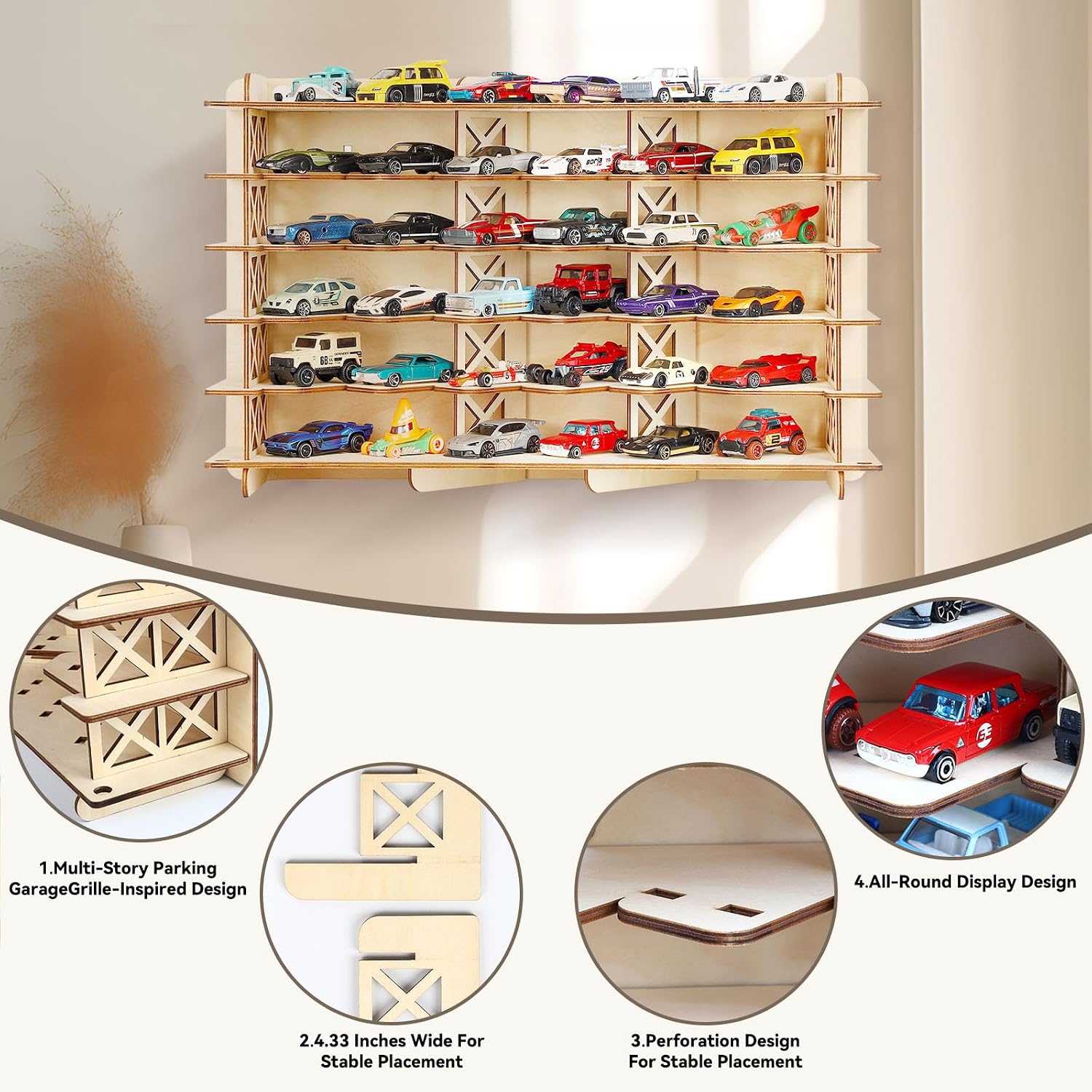Wooden 1:64 Diecast Car Display Case 36 Slots Hot Wheels Rack | 45° Tiered Parking Garage Design, 36 Slots, 1:64 Diecast Car Display, Hot Wheels Collector Rack
