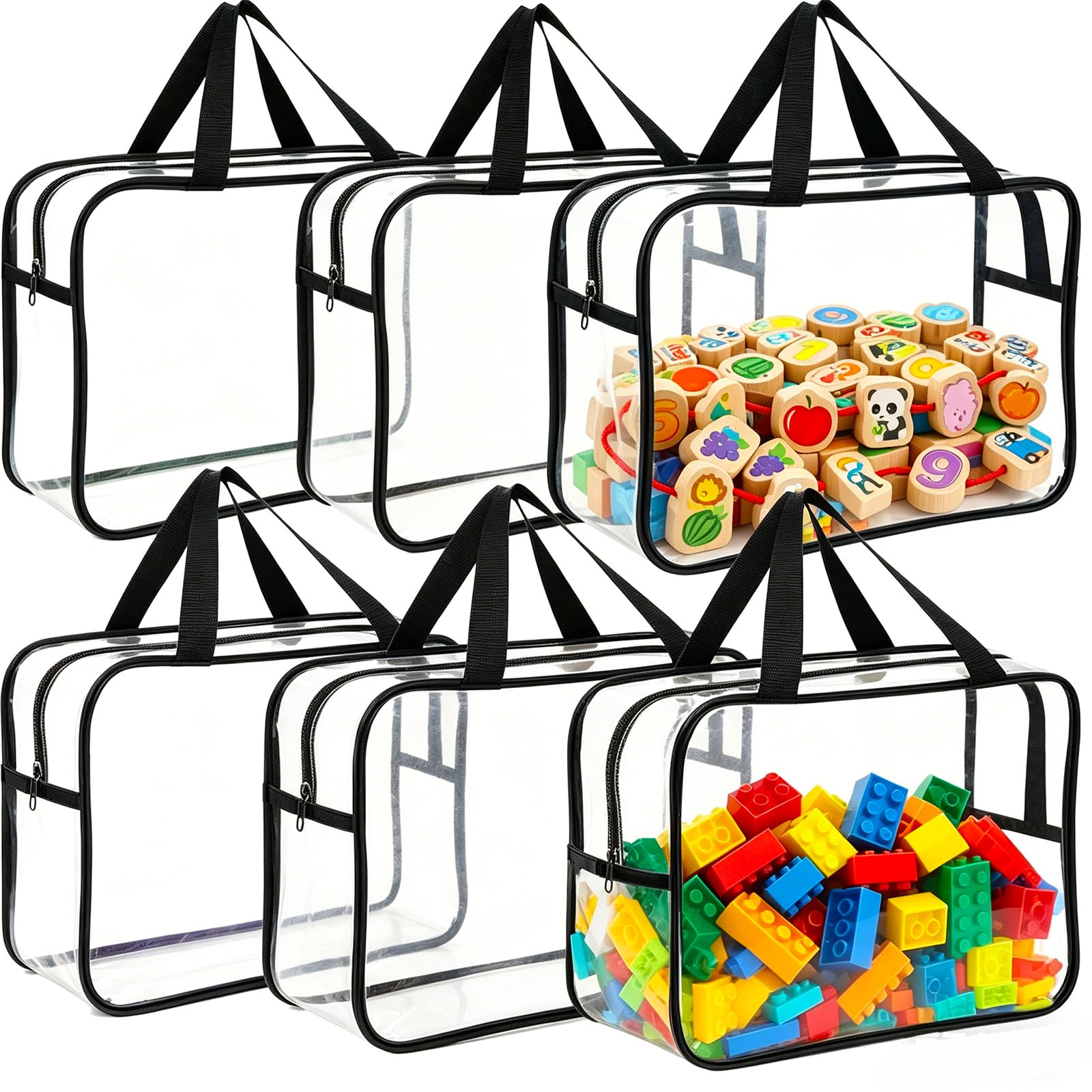 Paquete de 6 bolsas grandes de almacenamiento de juguetes con etiquetas, almacenamiento de juegos de mesa de PVC transparente reutilizable, bolsas organizadoras impermeables con cremallera para