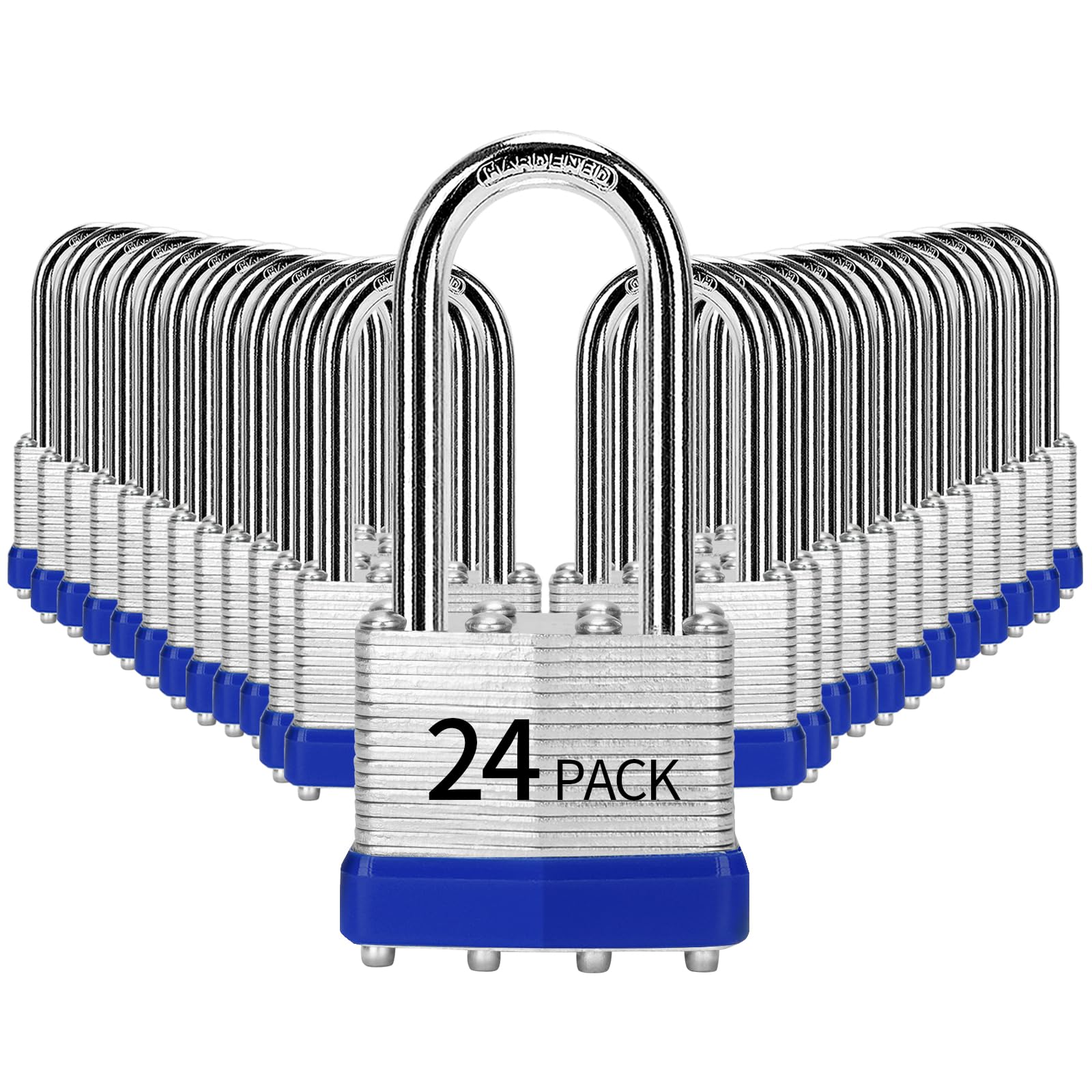 Candados de acero laminado con llave igual, (40 mm) de ancho, paquete de 24 candados de grillete largo, aro azul, para taquilla de gimnasio y unidad de almacenamiento o más