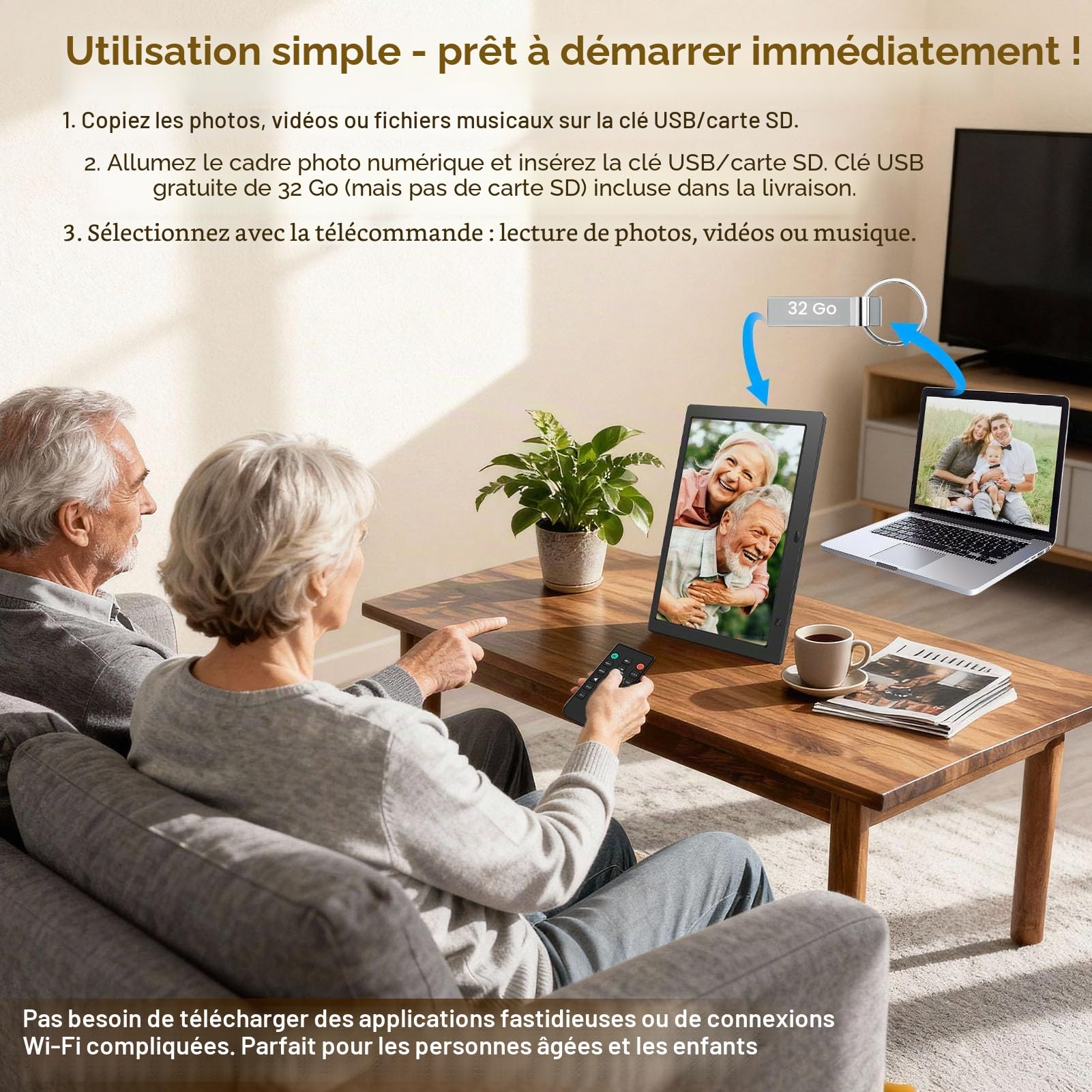 Cadre photo numérique électronique sans Wi-Fi, écran IPS de 10,1 ", avec clé USB de 32 Go et détecteur de mouvement, calendrier, minuterie, photo, vidéo, lecteur de musique, montage mural