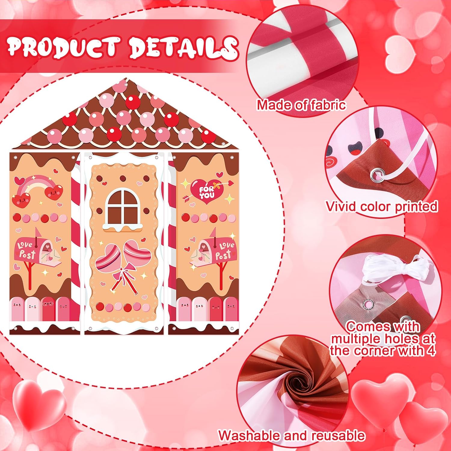 Wiooffen 4Pcs Valentine's Day Door Banner Decoration Gingerbread Banner Decoration Happy Valentine Hanging Front Porch Welcome Sign Heart Door Cover Porch Sign for Home, Party,Indoor Outdoor Decor