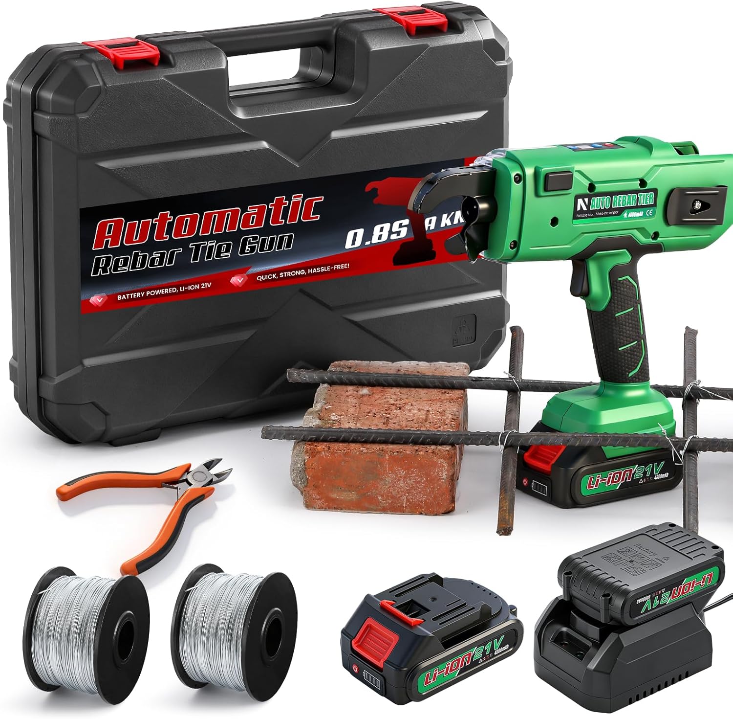 NEWTRY Cordless Rebar Tying Gun with 2x2000mAh Batteries, Automatic Rebar Tier Tool for 0.3" to 1.33" (7-34mm) Steel Rebar, Portable Electric Rebar Tie Tool