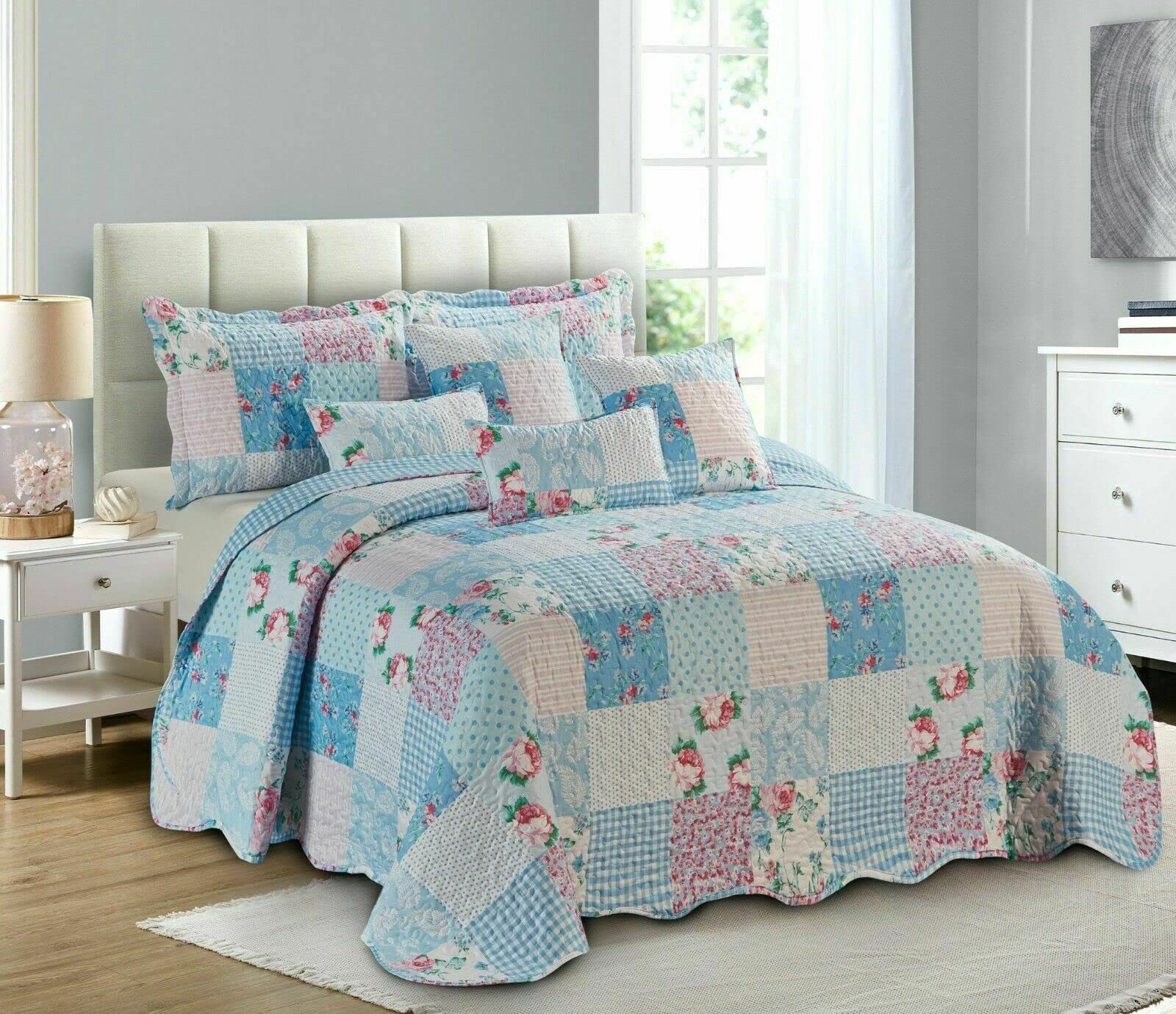 3 Piece Printed Patchwork Bedspread Quilted Bed Throw Comforter With