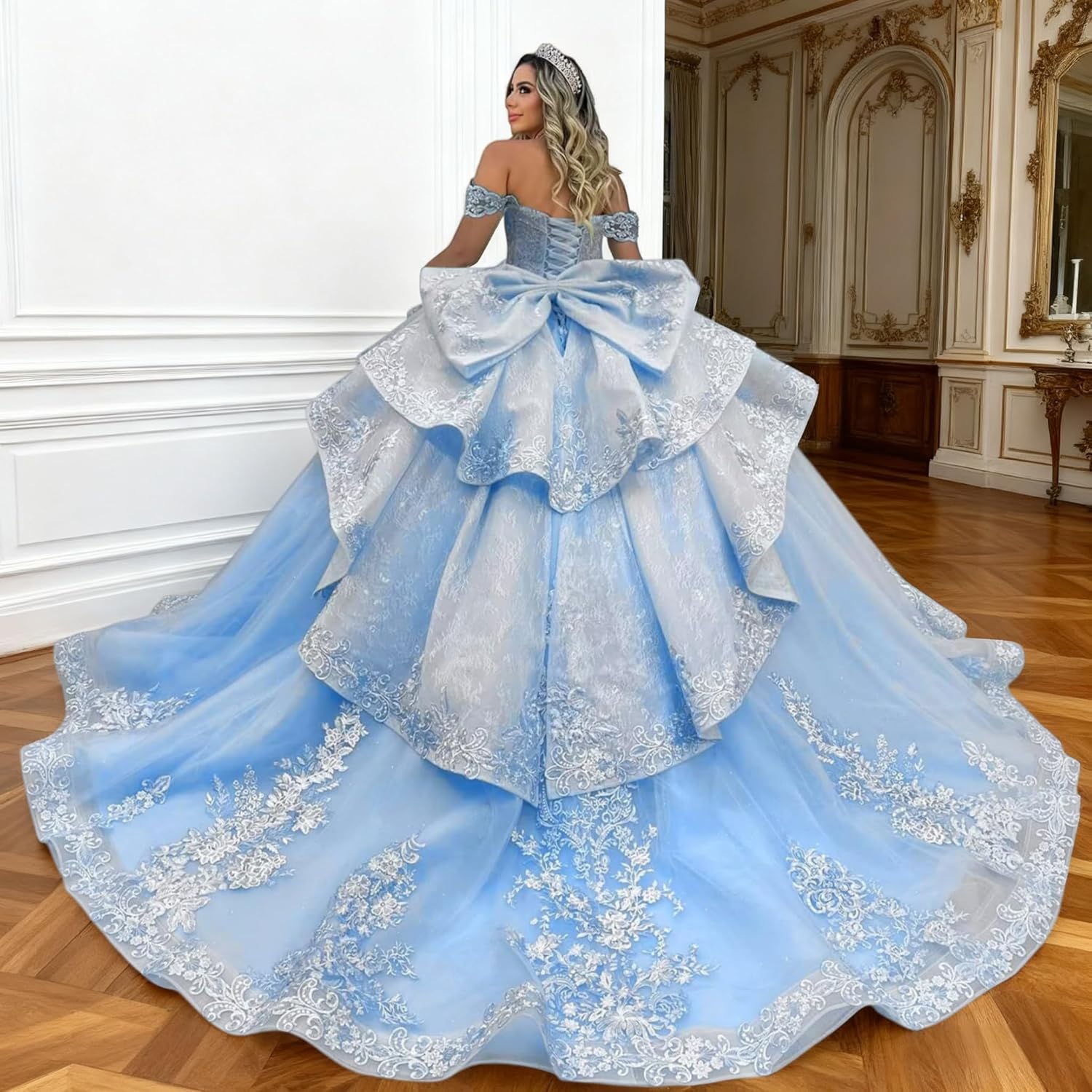 XYAYE Off Shoulder Tiered Quinceanera Dresses with Bow Lace Layered Tulle Sweet 16 Dresses Puffy Beaded Long Ball Gown